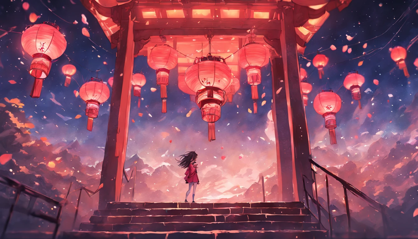 Beautiful night view poster, Ultra-realistic details of Kong Ming lanterns, arcane art style, Inspired by:《Unknown crew》, Ultra-vivid intense McBeth, inspired by Tim Biskup, Digital illustration, Justin Gerard, Pastel colors, light particules, Best quality, vibrant