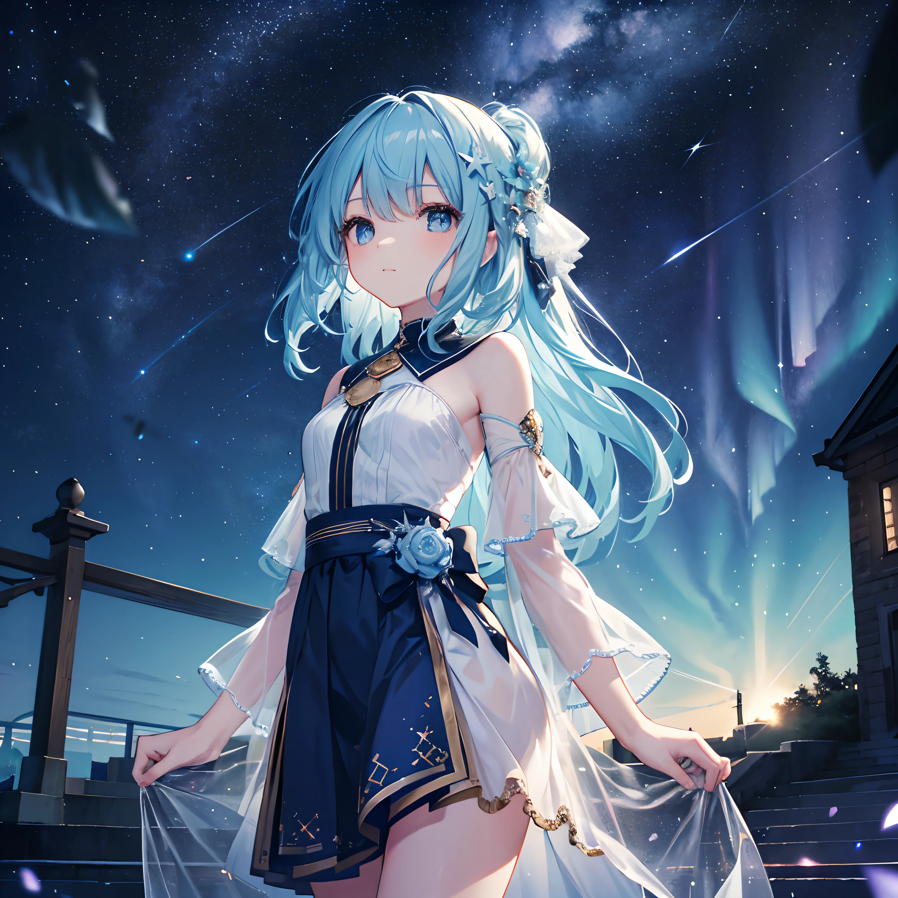 Imagine that，A petite young girl walks up the stairs formed by the convergence of stars, Her eyes sparkled with starlight, Her body is one with the sea of stars, skylines, aurora, Milky Way, Tarot Stars, (Masterpiece), (Best quality), (Works by Shin Hae-sung), 8k smooth, Create a fantastic atmosphere, Beautiful romantic visual style, Depth of field, Light particles, and detailed background, (Delicate and beautiful face), (2.5D screen)