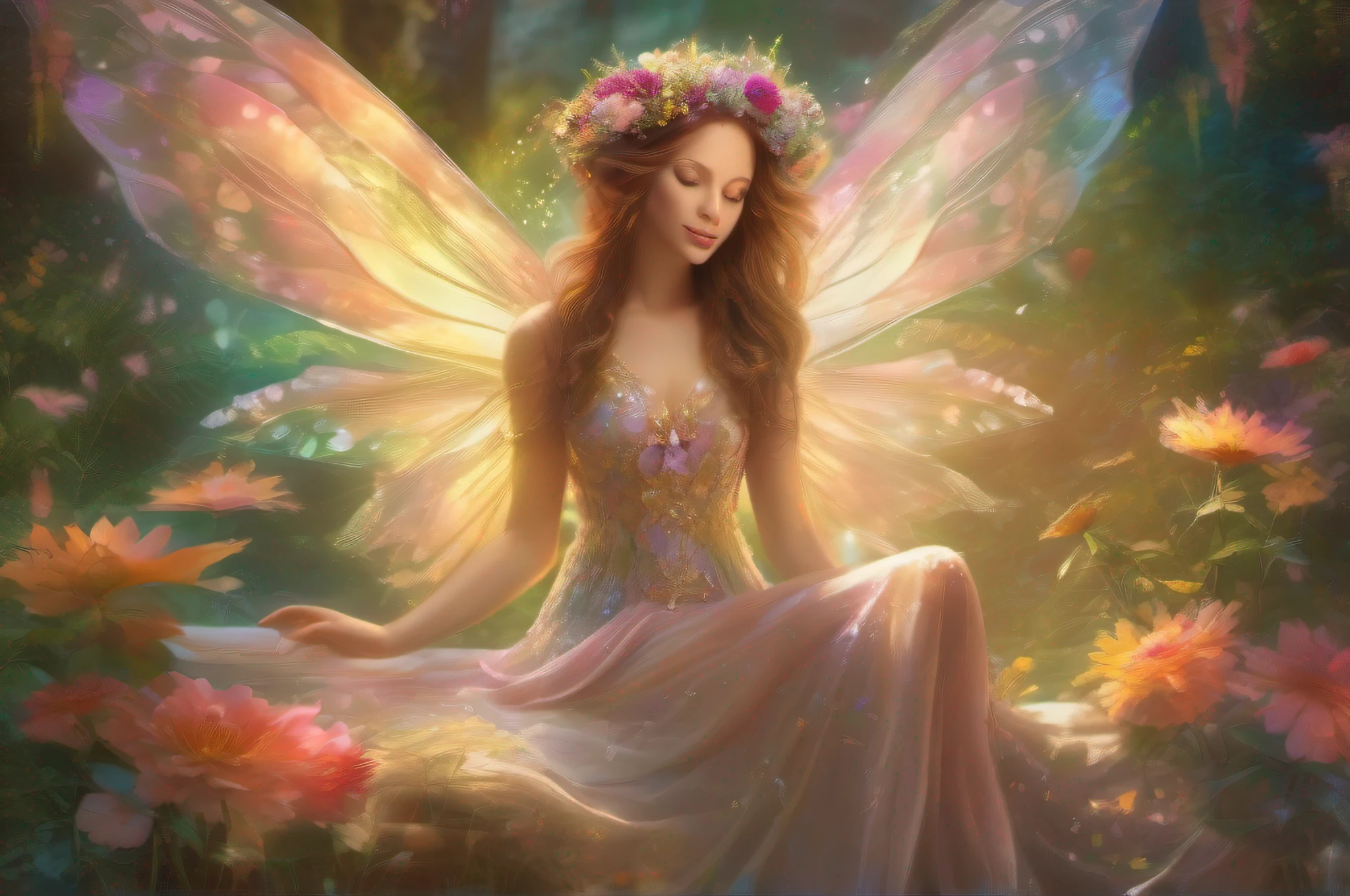 "A stunning and ethereal depiction of a mesmerizing Flower Fairy in a fantasy realm. The fairy has delicate wings and is adorned in vibrant floral attire, radiating an otherworldly glow. The scene is filled with a lush garden of blooming flowers, with beams of soft sunlight filtering through the foliage. The atmosphere is magical and enchanting, with a sense of tranquility and wonder