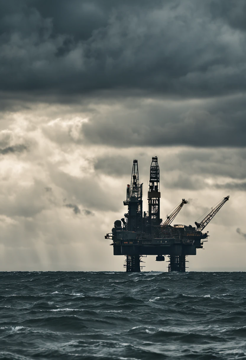 Oil rigs offshore,There are stormy clouds in the distance,There are Black Hawk helicopters in the sky,Little bird helicopter,There are SEAL assault boats on the sea。
