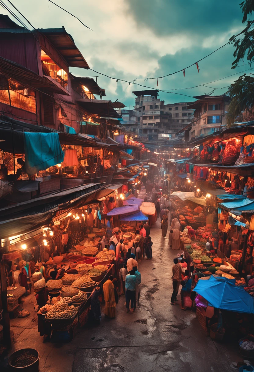 A market where many people participate,The bazaar is lined with 2-storey houses