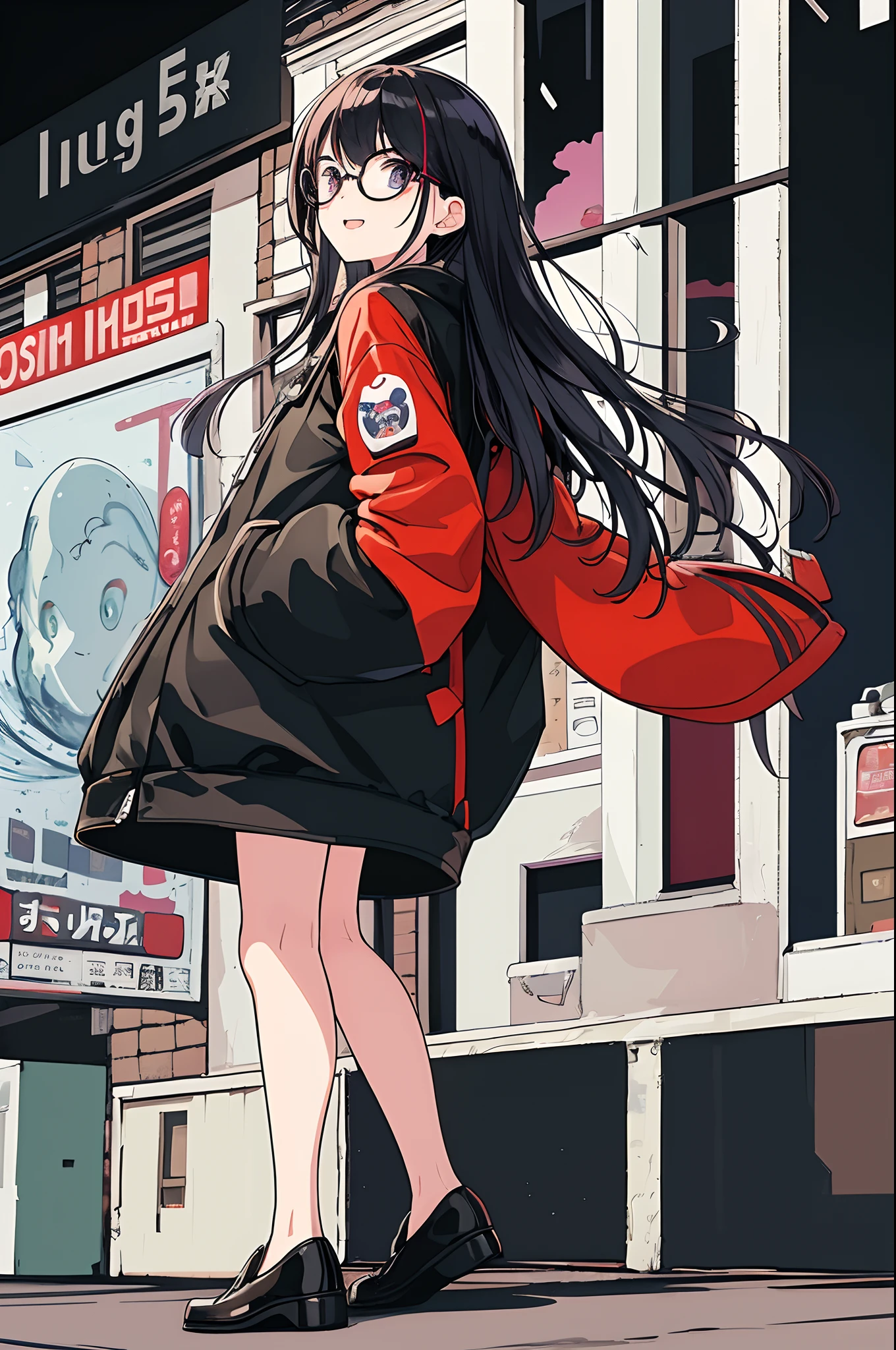 (​masterpiece:1.3), (top-quality:1.2), (An ultra-fine illustrations:1.2), hightquality, High Detail, ((unparalleled masterpiece ever, top-quality, erfect artwork)), highly contrast、red blush、Colorful paint patterns、Splattering paint、Wall Art、Color matching、Banksy、Whimsical、unexpected、Mature woman、NY Metropolis、disheveled hair、 {hide one's hands}, {{Hands in pockets}}}, {{Hands in the sleeve}} 、from side、parka、JINS、colourfull、(illustratio:1.2), The scenery that jumped off, (line-drawing:1.2), {{Only 5 fingers}}、Eight teeth are visible、Full body posture、espadrilles、Background falling from a building、Paint sprinkling、Ink splash、Backgrounds with depth、pop music、9 heads of beauty、Creative fashion、Fashion Leader、Interdimensional Art、Unique hairstyle、Happy laughter、highrise buildings、Long body、A slender、Spray Art、Street、Plump figure、eye glasses、Ekbo、Toothless laughter、Taiwan：Nine copies、Retro cityscape、backpack、Smartphone shoulder、portlate