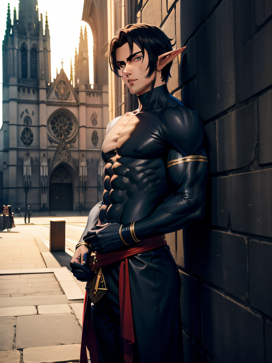 Manly Body, Anime, 1 Man, Detailed, Dark haired elf outside cathedral