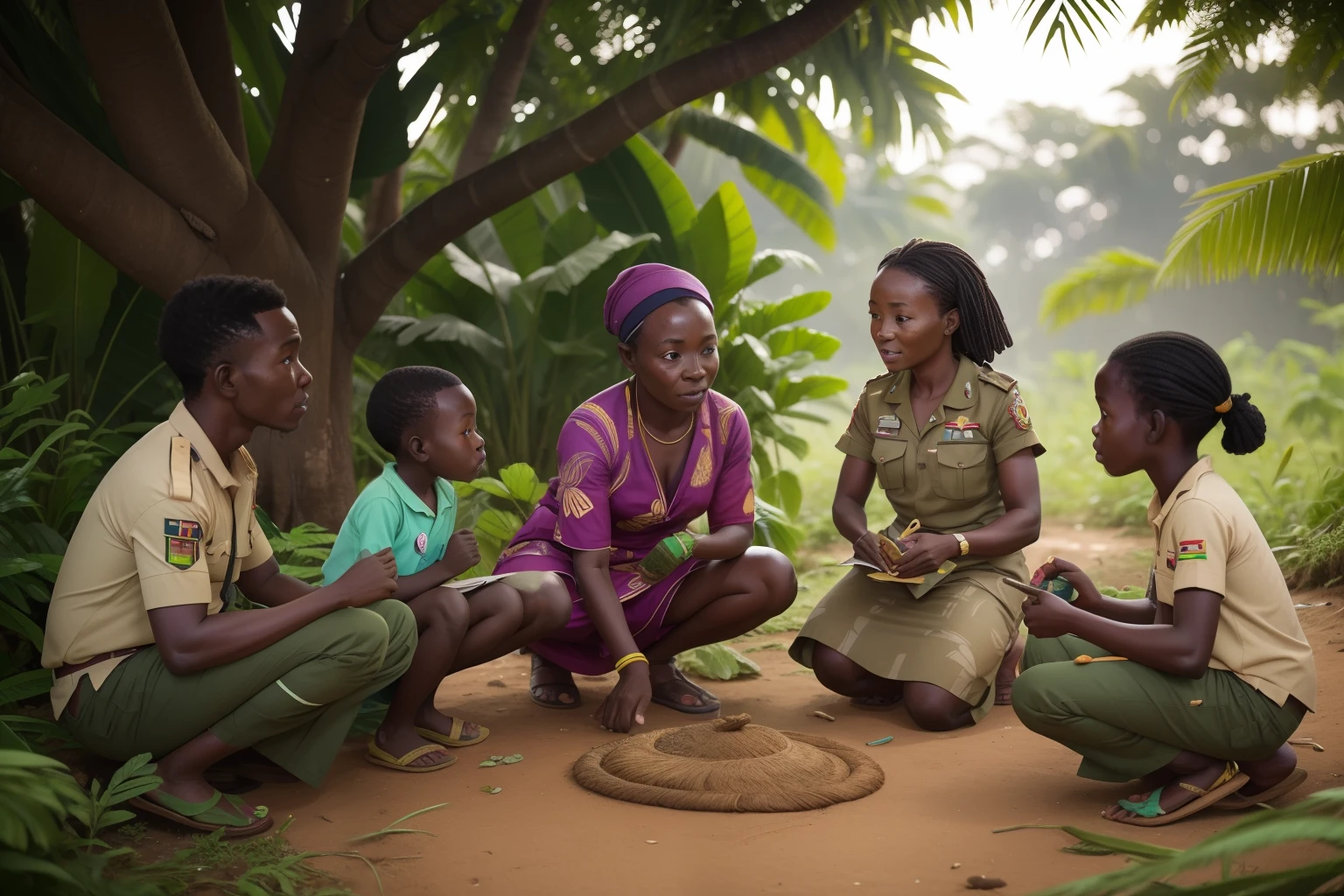 Date: 2021
Country: Benin
Description: an adult Beninese wildlife conservationist educates a group of children about the importance of preserving local ecosystems, infusing an element of education and environmental awareness into the scene.