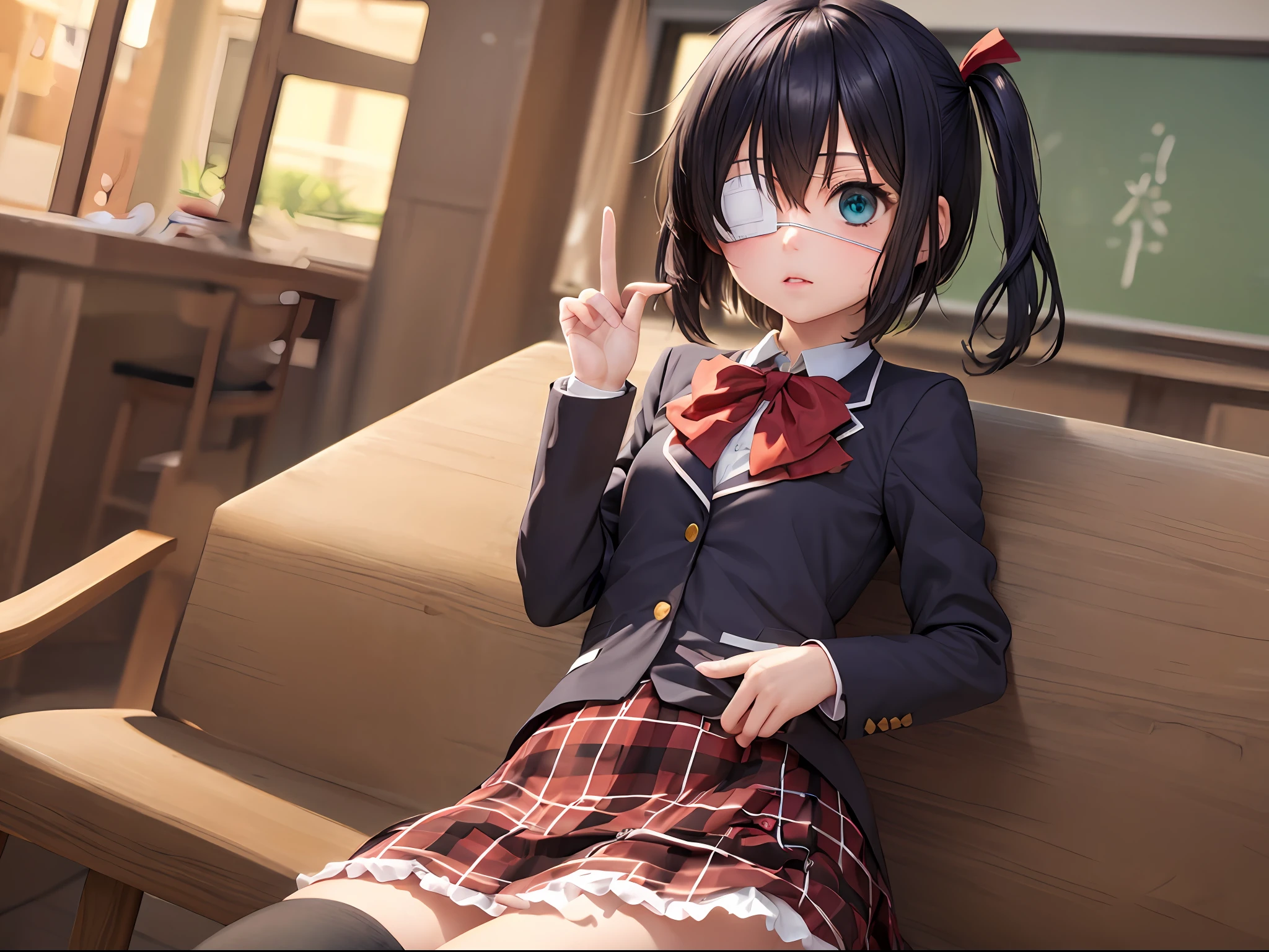 (masterpiece, best quality:1.2), cowboy shot, solo, 1girl, takanashi rikka, expressionless, looking at viewer, arms behind back, one side up, ahoge, blue eyes, medical eyepatch, school uniform, jacket, plaid skirt