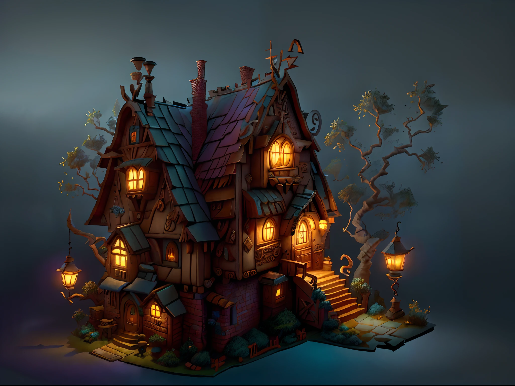 a close up of a small house with a lamp on the roof, a multidimensional cozy tavern, medieval house, medieval tavern, dimly-lit cozy tavern, stylized 3d render, 3 d render stylized, isometric 3d fantasy cute house, fantasy building, inspired by Andreas Rocha, dimly lit cozy tavern, low - poly 3 d model