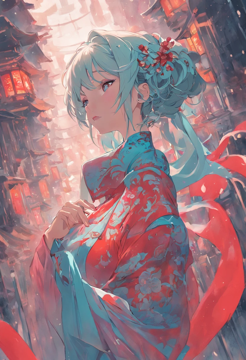 tmasterpiece,best qualityer,Turquoise cheongsam,Blushlush,Full of tension,Bright colors,brightly,low-contrast,big breasts enchanting,rich details,High degree of completion,light and shadow effect,Red lip glaze,long eyelasher,Ball head,Lori huge breasts cleavage,White hair,detailed face description,,black long socks,full bodyesbian、Clear facial features、Amazing facial features,hair adornments,Super complex design,C4D,OC rendering,cinematic rim light,Fine light,tmasterpiece,super detailing,Epic composition,hyper HD,high qulity,32k