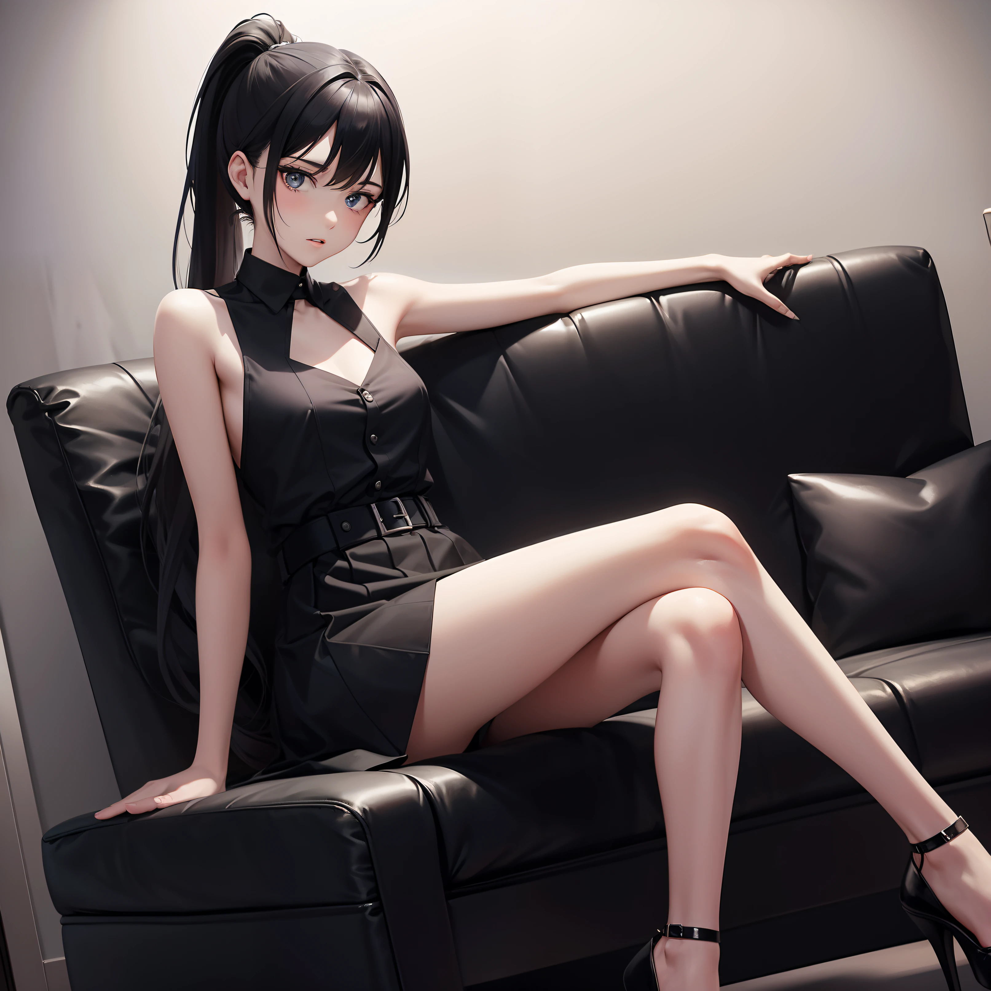 slender figure An 18 year old girl with a black single ponytail maid sitting on a chair with bare legs