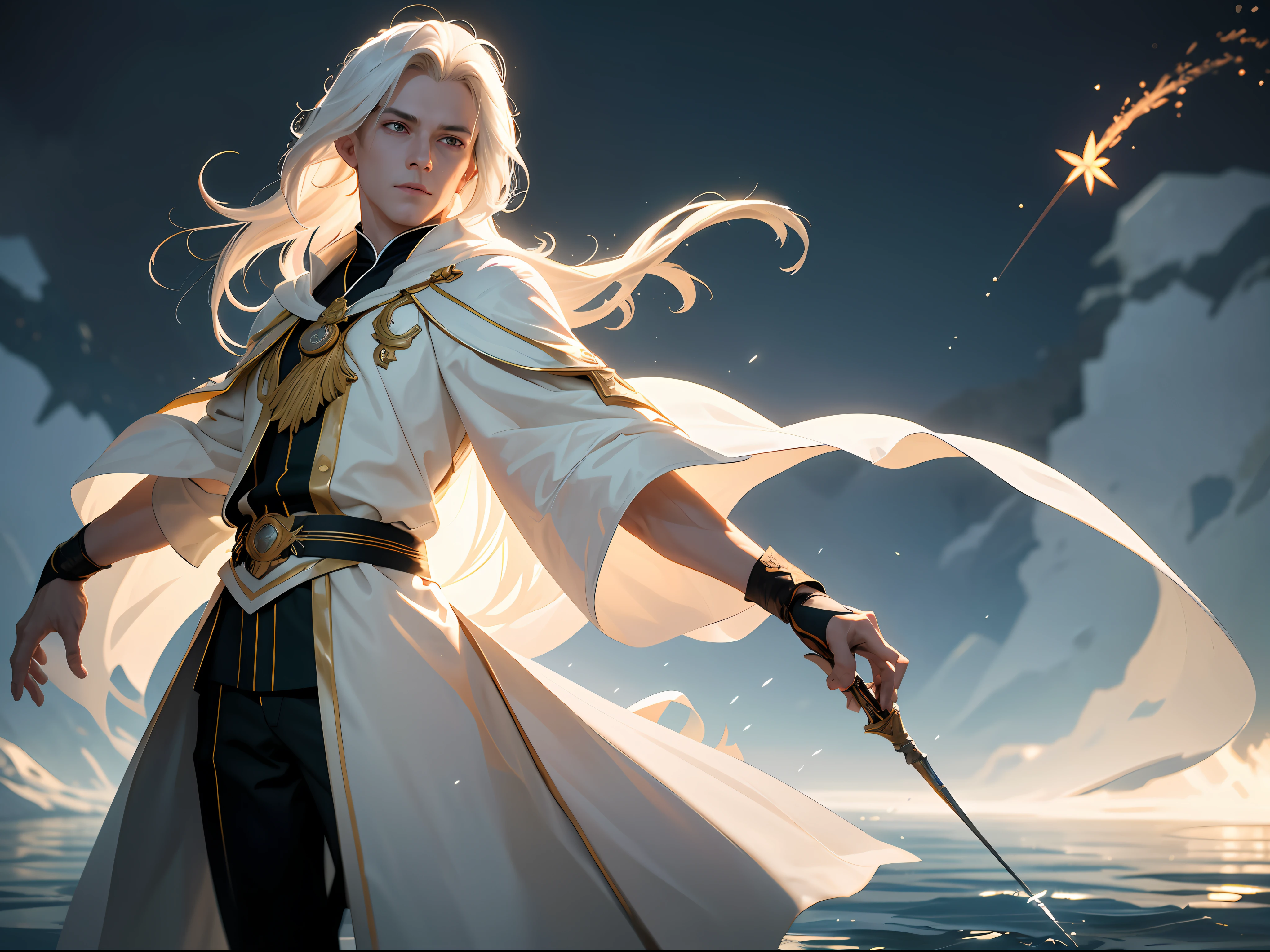 Photo of a handsome young male wizard, White wizard shirt,golden trim, The white robe fluttered in the wind, Long white hair, Fully clothed, Perfect face, Handsome, (Perfectcomposition:1.4), Deviant HD, artstation hd, concept-art, Detailed face and body, Award-winning photography, Margins, Detailed face, Detailed hands, ,Backlight, 12K ultra-realistic, Ray tracing, Strong gaze, looking at viewert, Cinematic lighting, The art of Grzegozh Rutkovsky, embers, High fantasy background, actionpose, Hands up to 90 degrees, Holding a small wand, water splash, Misty