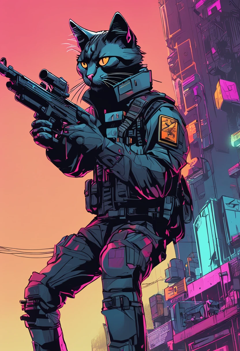 cyberpunk cat，Cat soldiers，holding gun，alert，Go up the stairs