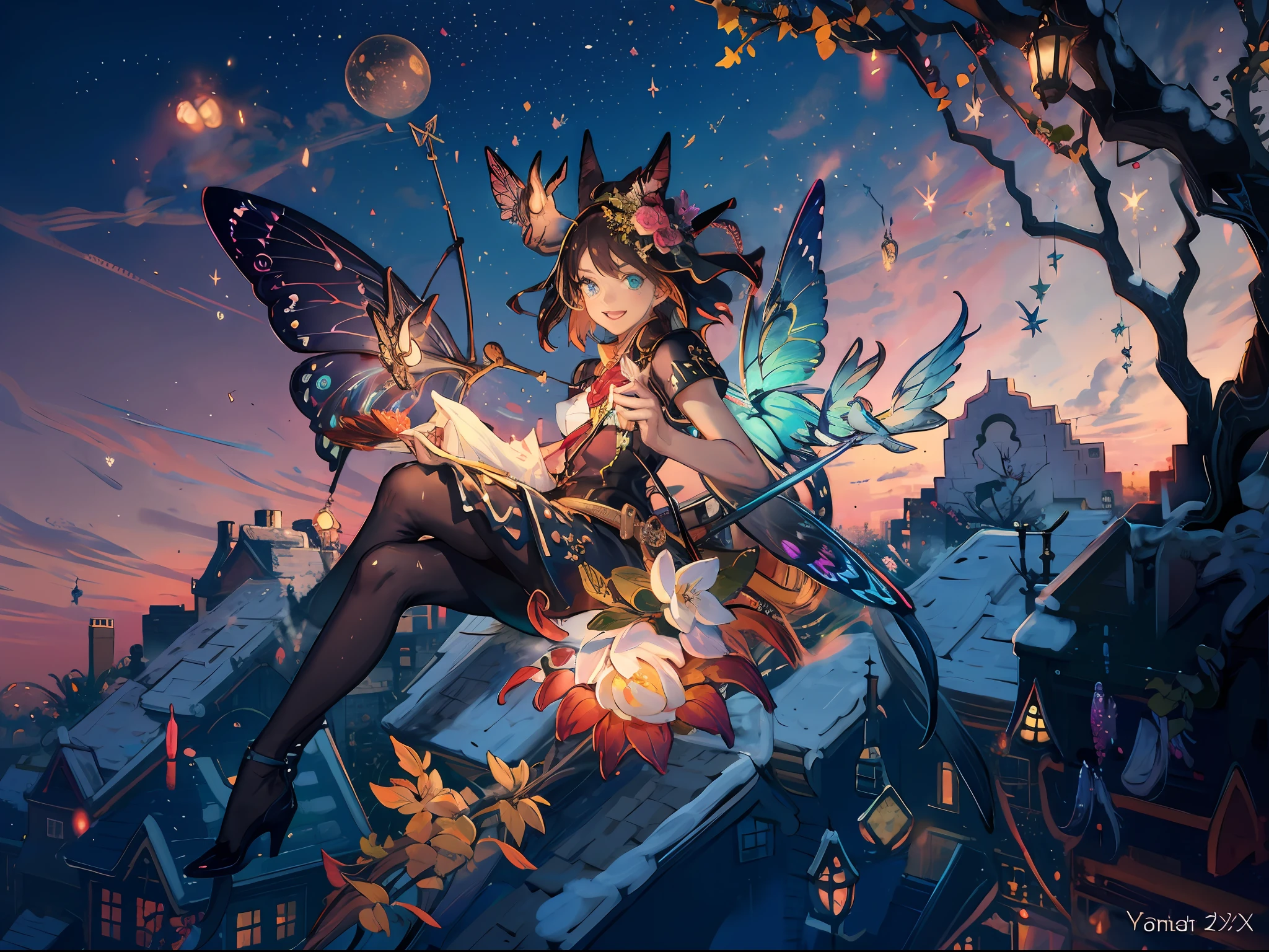 (Masterpiece:1.2, high quality), (pixiv:1.4), ,fansty world,  {{{best quality}}}, {{ultra-detailed}}, {illustration}, flower fairy, cinematic angle, {detailed light},cinematic lighting. A beautiful 3d spectral crystal flower, soft girl fairy with wings, colorful butterflies flying around the rose, smile