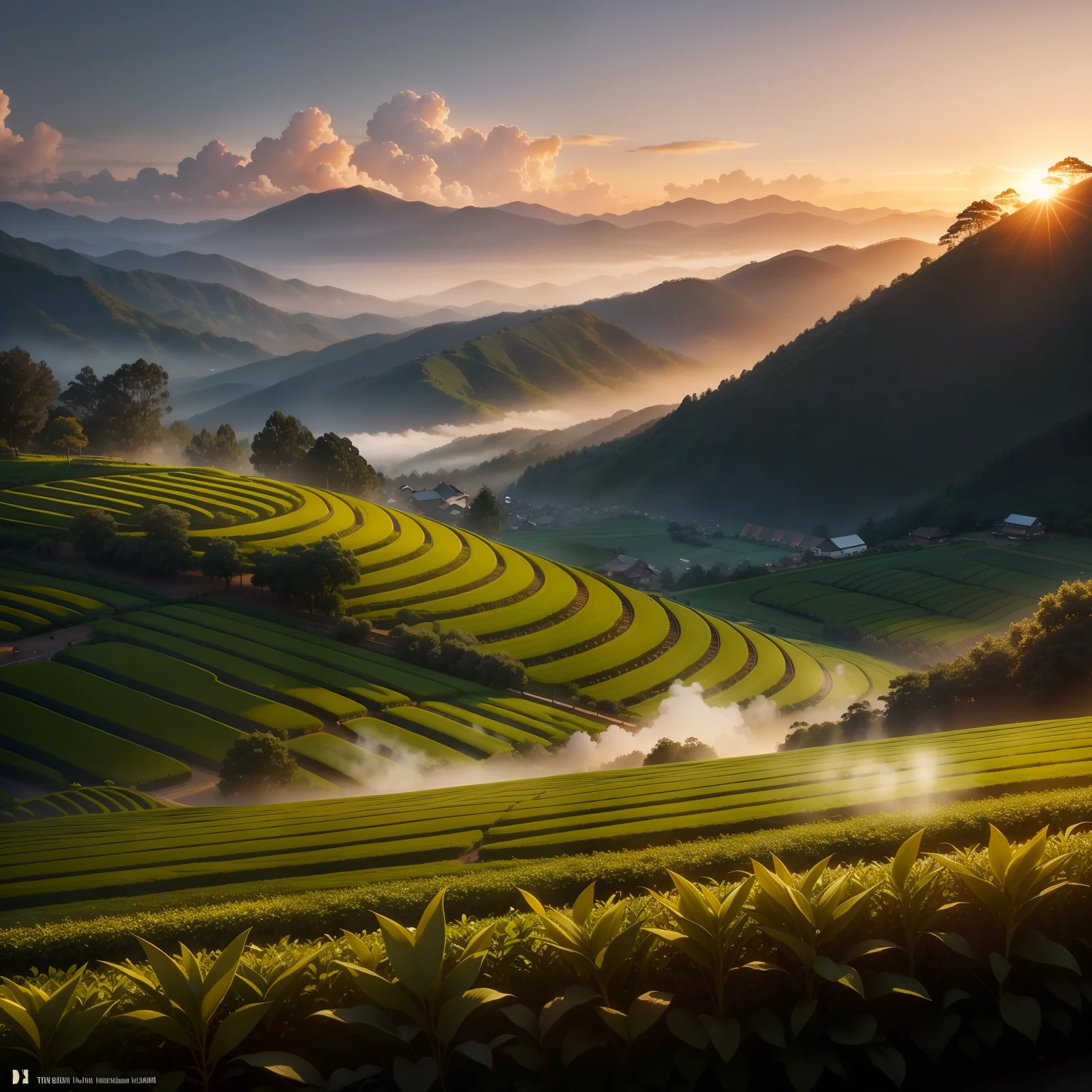 Tea plantation at dusk, The setting sun shines on the tea plantation。, Hyperrealism, cinematic lighting, best quality, best quality, best quality, best quality, masterpiece, UHD