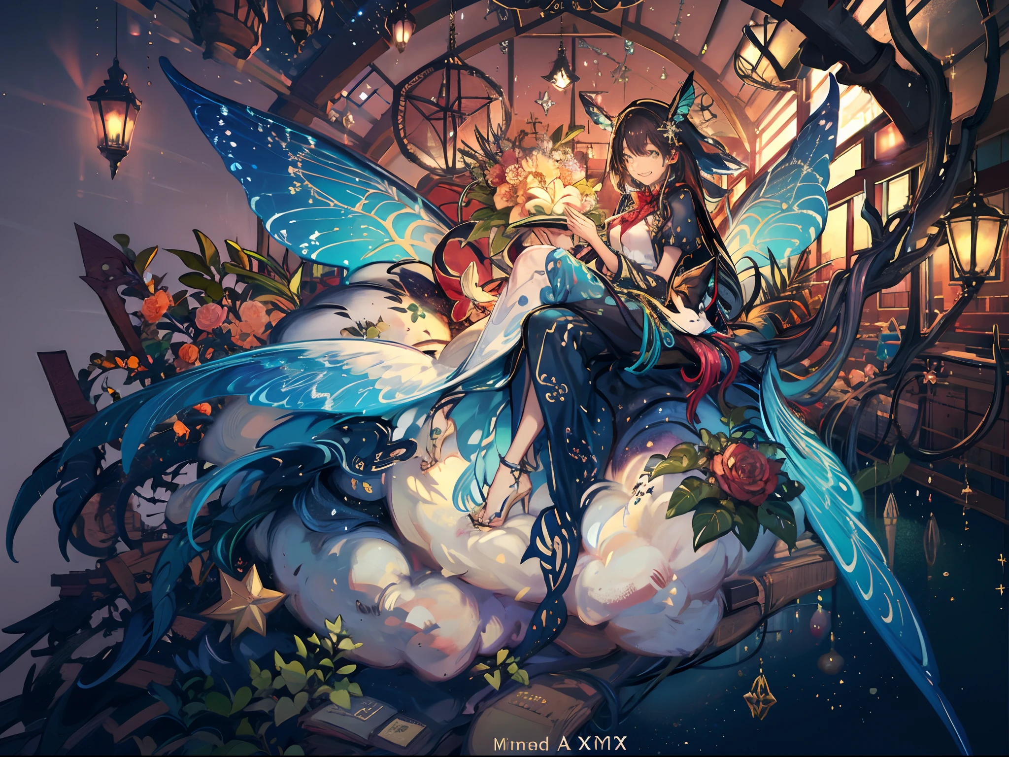 (Masterpiece:1.2, high quality), (pixiv:1.4), ,fansty world,  {{{best quality}}}, {{ultra-detailed}}, {illustration}, flower fairy, cinematic angle, {detailed light},cinematic lighting. A beautiful 3d spectral crystal flower, soft girl fairy with wings, colorful butterflies flying around the rose, smile