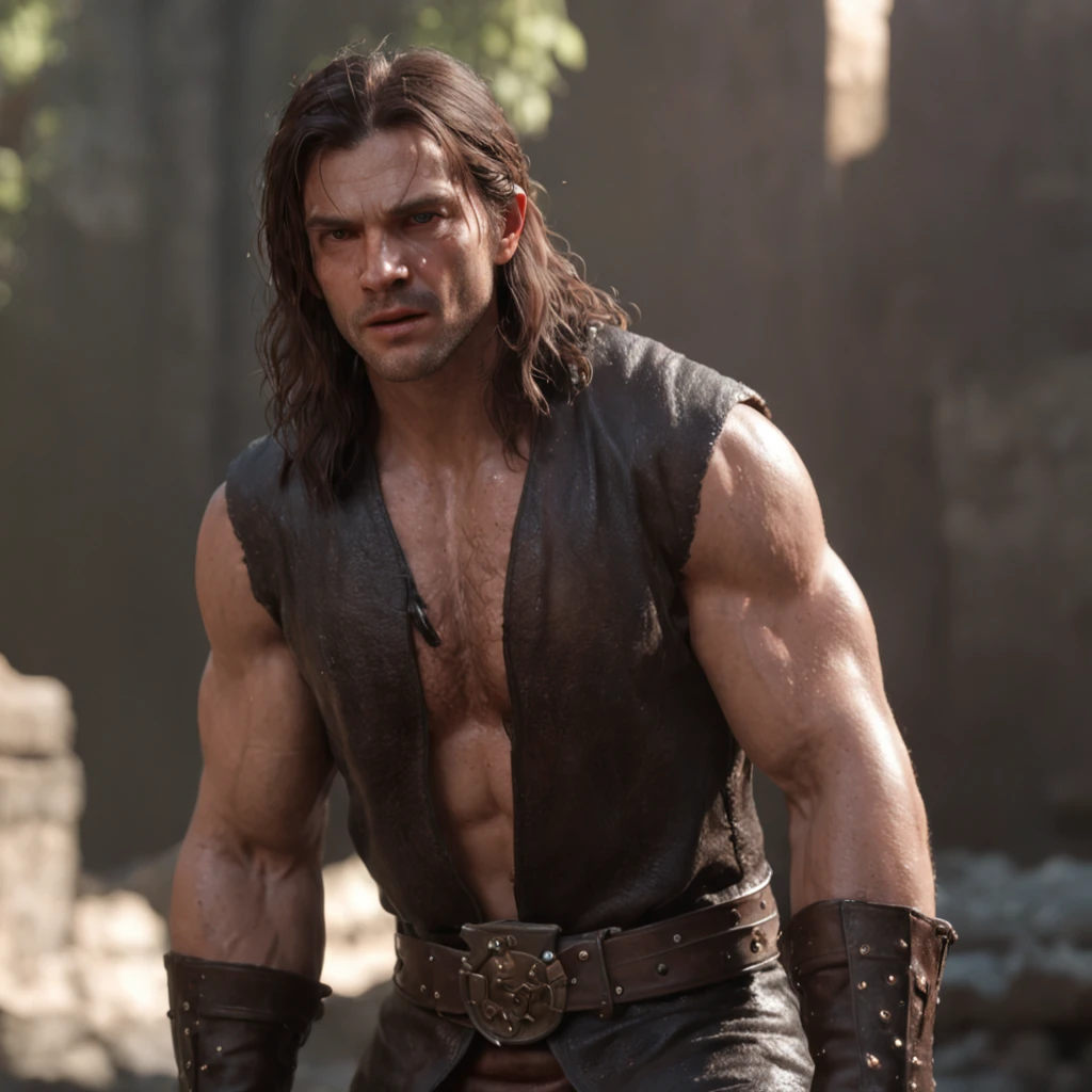 (professional 3d render:1.3) af (Realistic:1.3) most beautiful artwork photo in the world，Features soft and shiny male heroes, ((Epic hero fantasy muscle man rough wet hero angry look long hair short beard and ferocious expression in dynamic pose, Fantastic location, Majestic cluttered environment)), full body 8k unity render, action  shot, skin pore, very dark lighting, heavyshading, Detailed, Detailed face, (vibrant, photograph realistic, Realistic, Dramatic, Dark, Sharp focus, 8K), (Old leather garments damaged by weathering:1.4), ((((Wear fur)))), (Intricate:1.4), decadent, (Highly detailed:1.4), Digital painting, rendering by octane, art  stations, concept-art, smooth, Sharp focus, illustration, Art germ, (loish:0.23), wlop ilya kuvshinov, and greg rutkowski and alphonse mucha gracias, (Global illumination, Studio light, volumettic light), heavy rain, particles floating, lotr, fantasy, elf, full bodyesbian, ((Dark and ancient city background:1.3)),CGSesociety,art  stations