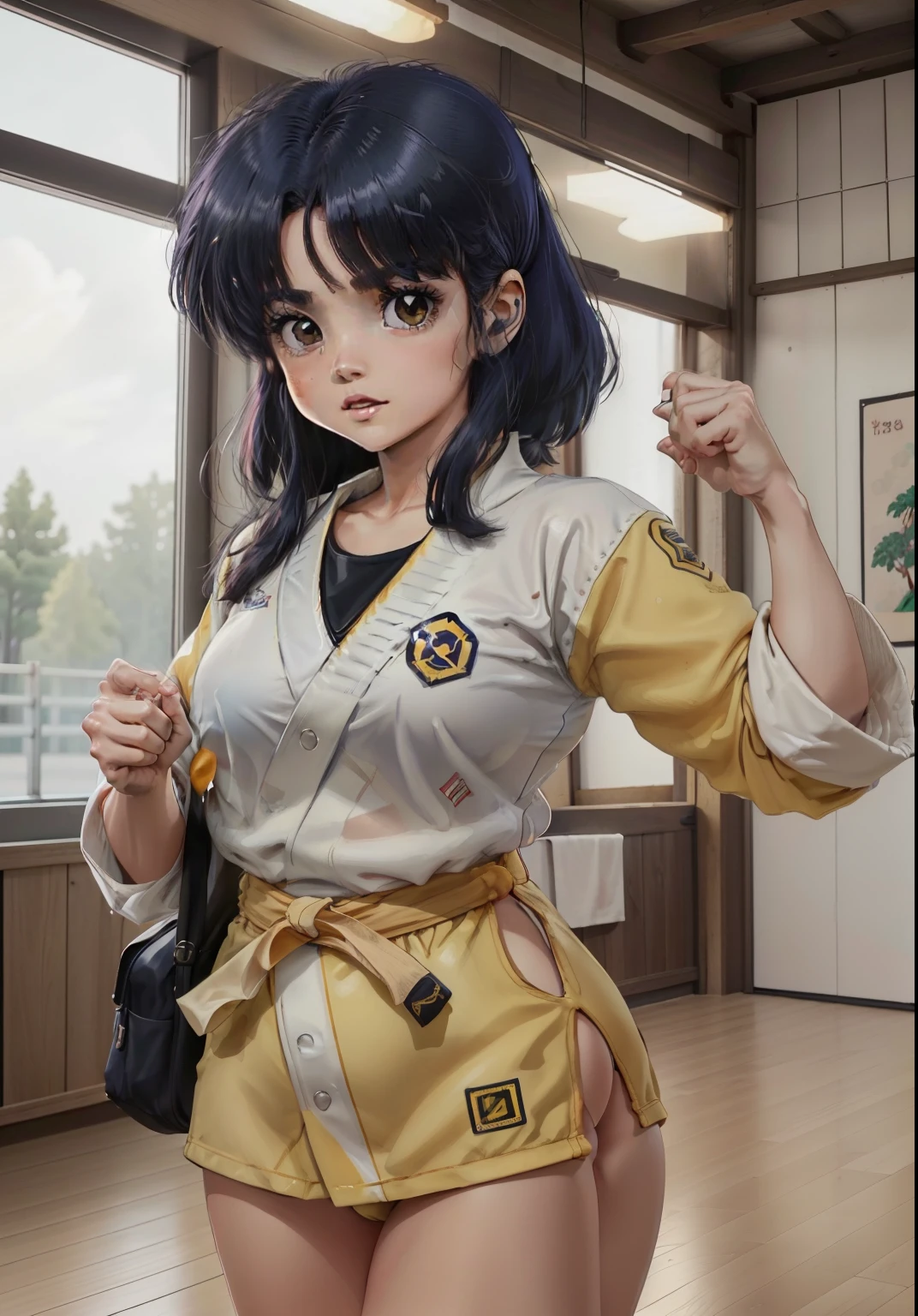 (Akanetendowaifu: 1), lindo, rostro enfadado, (uniforme karate: 1.2), idol pose,decidido, cabello largo, mirando al espectador,
(realista: 1.2), (realismo), (obra maestra: 1.2), (mejor calidad), (ultra detallado), (8k, 4k, intrincado), (disparo de cuerpo completo: 1), (disparo de vaquero: 1.2), (85 mm), light particules, luci, (muy detallado: 1.2), (cara detallada: 1.2), (degradados), nsfw, ojos coloridos y detallados,
(Fondo gimnasio dojo karate), (fondo detallado), paisaje detallado, (Angle Dynamic: 1.2), (dynamic pose: 1.2), (regla de third_composition: 1.3), (Line of action: 1.2), plano amplio, solo, daylight,