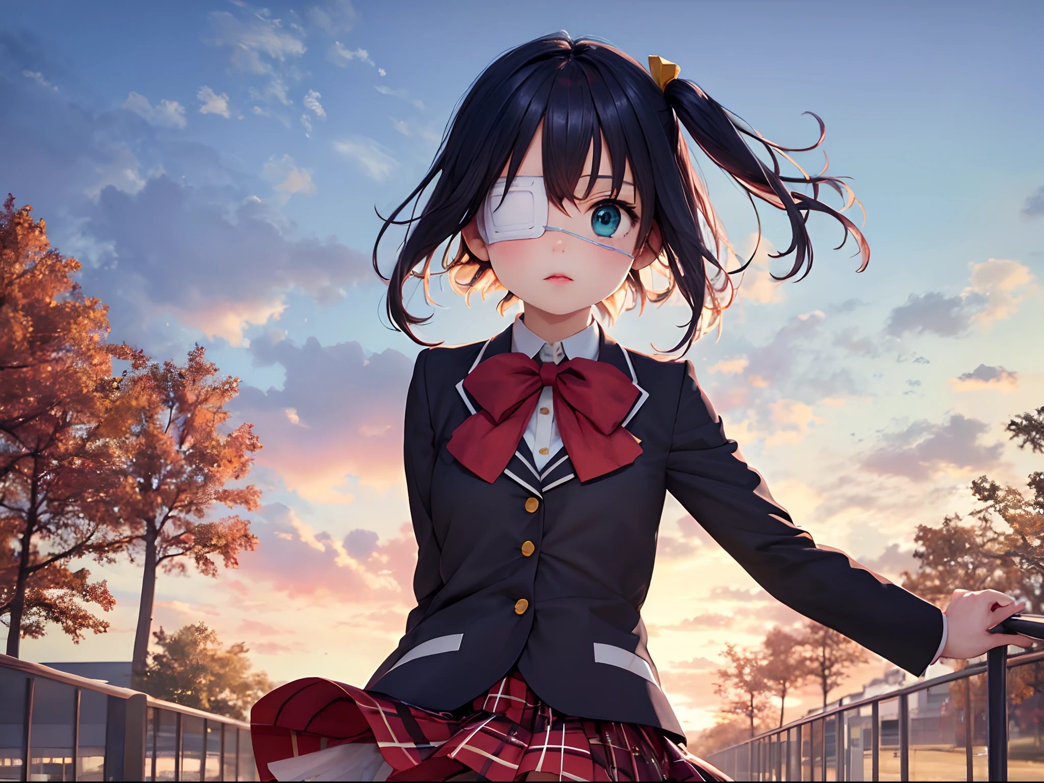 (masterpiece, best quality:1.2), cowboy shot, solo, 1girl, takanashi rikka, expressionless, looking at viewer, arms behind back, one side up, ahoge, blue eyes, medical eyepatch, school uniform, jacket, plaid skirt