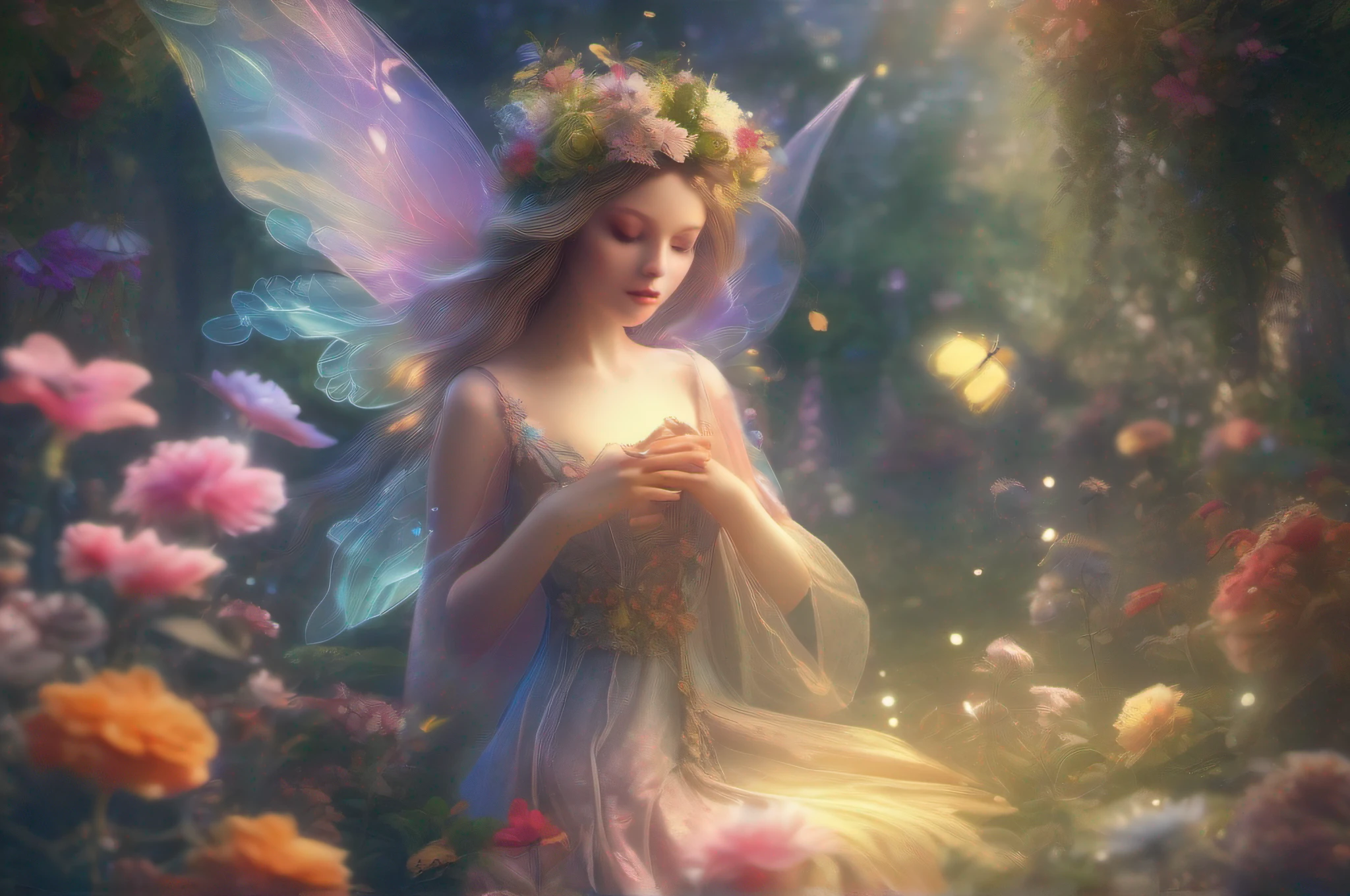 "A stunning and ethereal depiction of a mesmerizing Flower Fairy in a fantasy realm. The fairy has delicate wings and is adorned in vibrant floral attire, radiating an otherworldly glow. The scene is filled with a lush garden of blooming flowers, with beams of soft sunlight filtering through the foliage. The atmosphere is magical and enchanting, with a sense of tranquility and wonder.