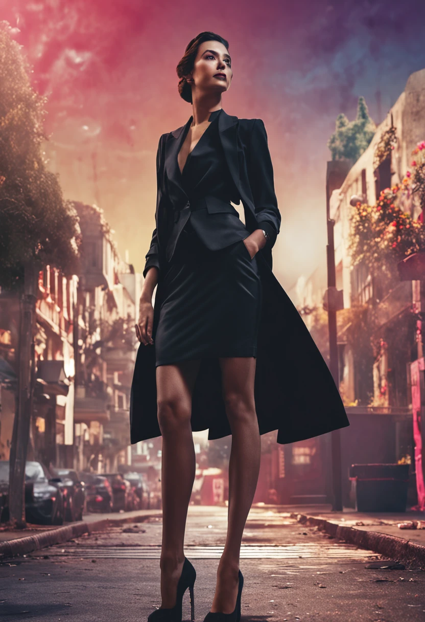 Beauty with short hair,Long black suit,Black professional hip skirt,black lence stockings,Standing upright rear view