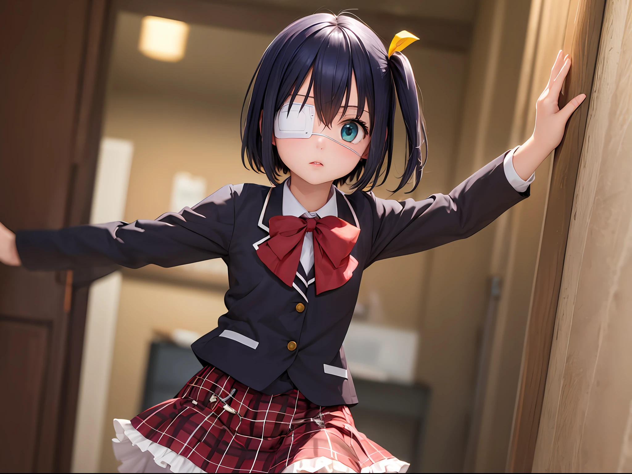 (masterpiece, best quality:1.2), cowboy shot, solo, 1girl, takanashi rikka, expressionless, looking at viewer, arms behind back, one side up, ahoge, blue eyes, medical eyepatch, school uniform, jacket, plaid skirt