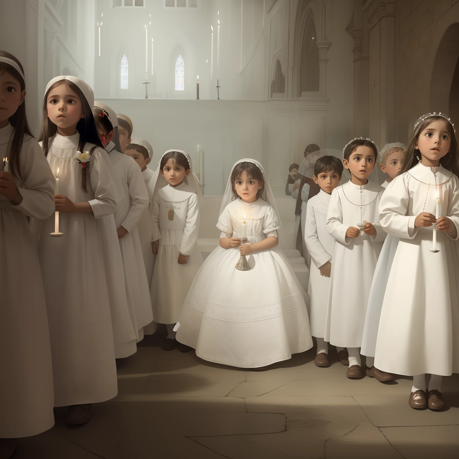 There are many children dressed in white dresses and holding candles, foto realista, 1895, Communion in the Church, Eucaristia