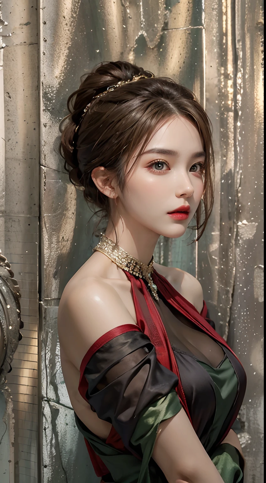 Photorealistic, high resolution, 1womanl, Solo, Hips up, view the viewer, (Detailed face), Brownish-green coiled hair, Elegant dress, jewelry,