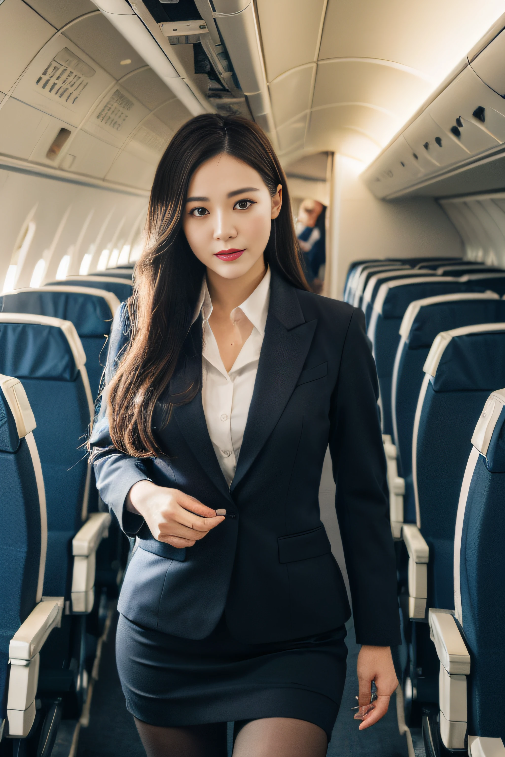best quality, masterpiece, 8k, ultra high res, (photorealistic:1.4), highly detailed, intricate detail, delicate and beautiful, good lighting, professional lighting, sharp focus, detailed shadows, exquisite details and textures, depth of field, unity 8k wallpaper, cinematic composition, cinematic lighting, official art, Cabin Crew, flight attendant, black pantyhose, (aircraft, (Aircraft Corridor), Aircraft seats) beautiful elegant face, detailed face, detailed eyes, realistic hair, long hair, (1girl), (standing:1.3),