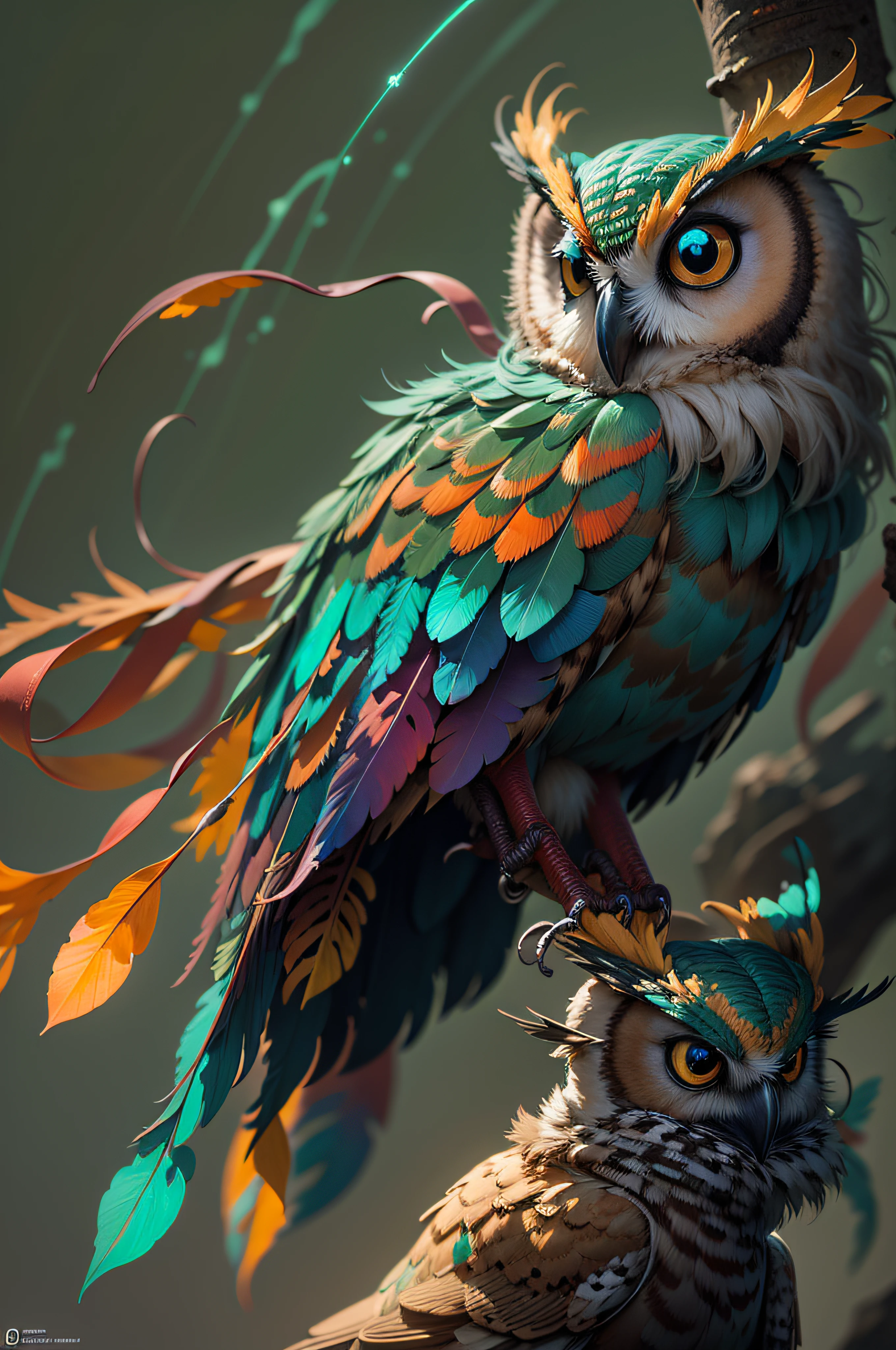 close shot of a mythical owl with colorful feathers, galaxy eyes, shiny feathers, detailed feathers, detailed big eyes, the owl is landing on an alien tree branch , looking at viewers with the eyes of judgement, focus, alien landscape background .BREAK,Detailed,Realistic,4k highly detailed digital art,octane render, bioluminescent, BREAK 8K resolution concept art, realism,by Mappa studios,masterpiece,best quality,official art,illustration,ligne claire,(cool_color),perfect composition,absurdres, fantasy,focused,rule of thirds,