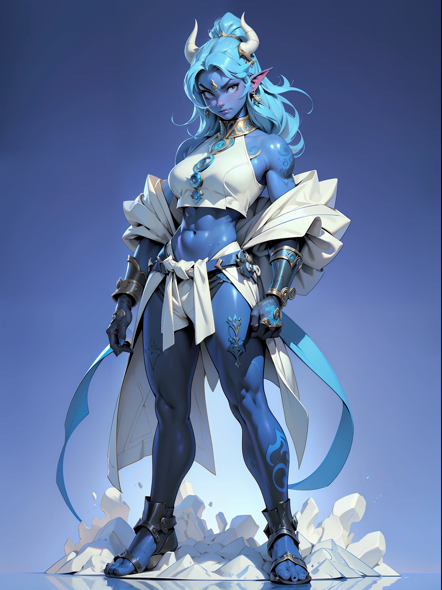 ((top-quality))、((tmasterpiece))、((Full body photo of a woman))、((very simple background))、(Game character design)、amazon warrior，Blue demon monster、monster design，(Water Goddess，Marine element merger)、Cartoony、Beastman、Ivory ornaments、独奏、Fighting posture，Riot game concept art