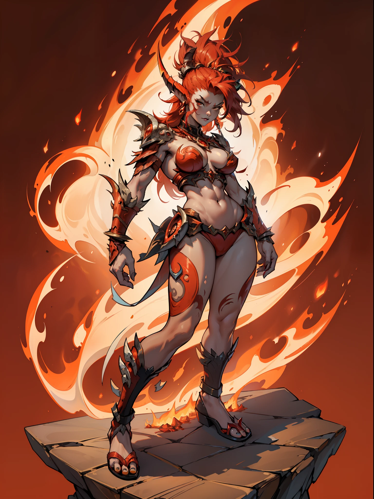 ((top-quality))、((tmasterpiece))、((Full body photo of a woman))、((very simple background))、(Game character design)、amazon warrior,Red demon monster、monster design,(the fire goddess,Lava elements fuse)、Cartoony、Beastman、Ivory ornaments、独奏、Fighting posture,Riot game concept art