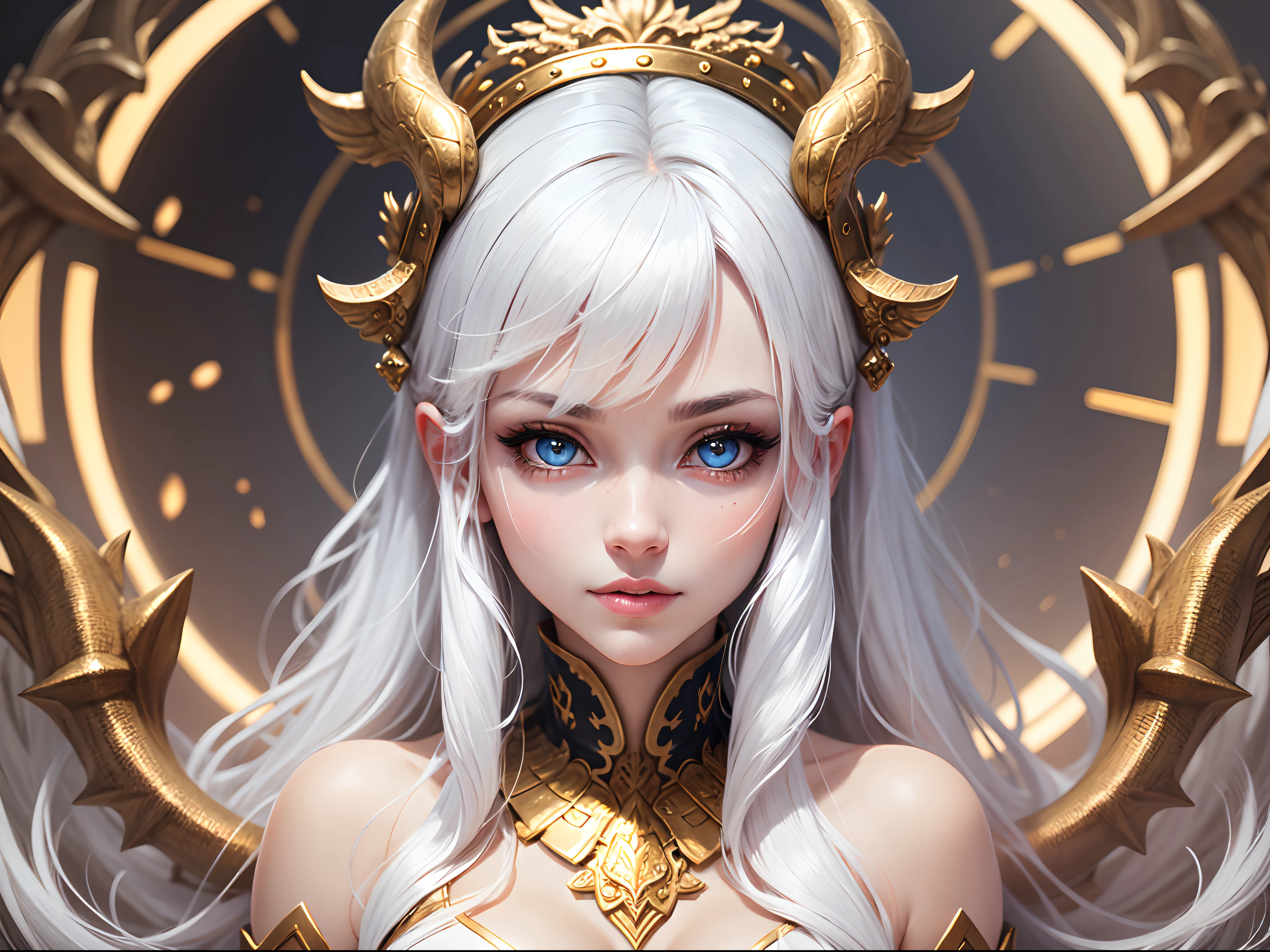 Dragon Girl, white colored hair, inviting eyes, a goddess, All in gold