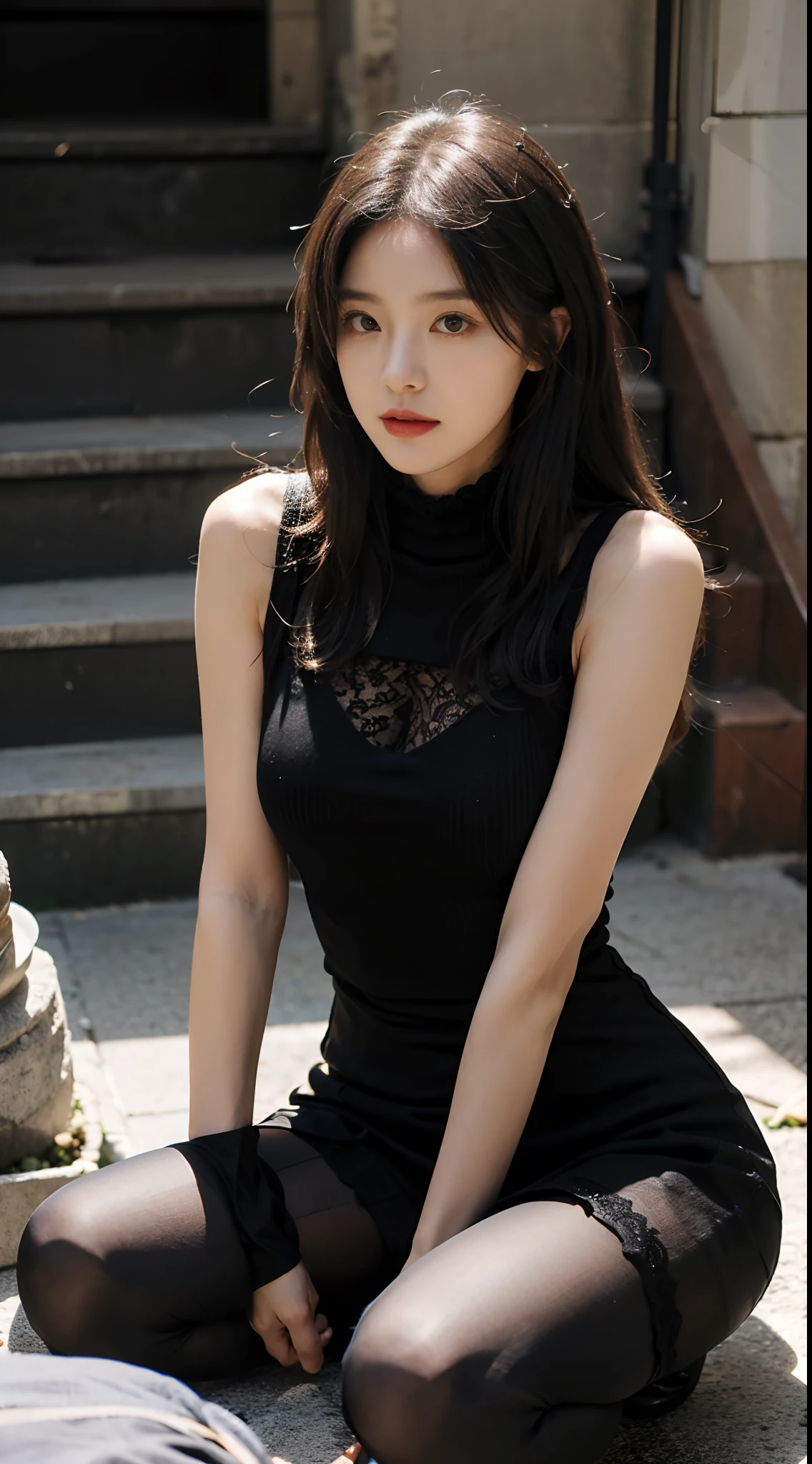 (RAW photo:1.2), (Photorealistic:1.4), (Ray tracing),Korean female model,Beautiful Meticulous Girl, very detailed eyes and faces, Beautiful detailed eyes, absurderes, unbelievable Ridiculous, hugefilesize, ultra - detailed, A high resolution, The is very detailed,best qualtiy,tmasterpiece,((Black sleeveless turtleneck lace dress)),illustratio,The is very detailed,CG,unified,8k 壁纸,Amazing Cleavage,finely detailled,tmasterpiece,best qualtiy,The is very detailed的 CG unified 8k 壁纸,light in face,cinmatic lighting, 1girll, 16 yaers old,Long white hair,(huge tit),((pantyless)),(wears glasses),((Pantyhose)),tightly dress,Silk dress,Lace-up dress,see through dresses,Stand on the stairs in high heels,(Wearing 10D black stockings,Wearing thin black pantyhose:1.5),Full body portrait