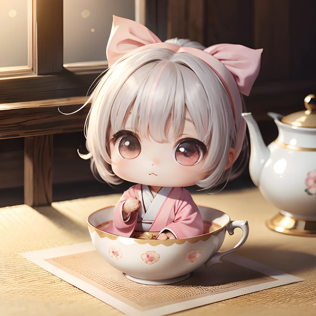 Cute Baby Chibi Anime, Gray and pink kimono, Thank you card sitting in a teacup