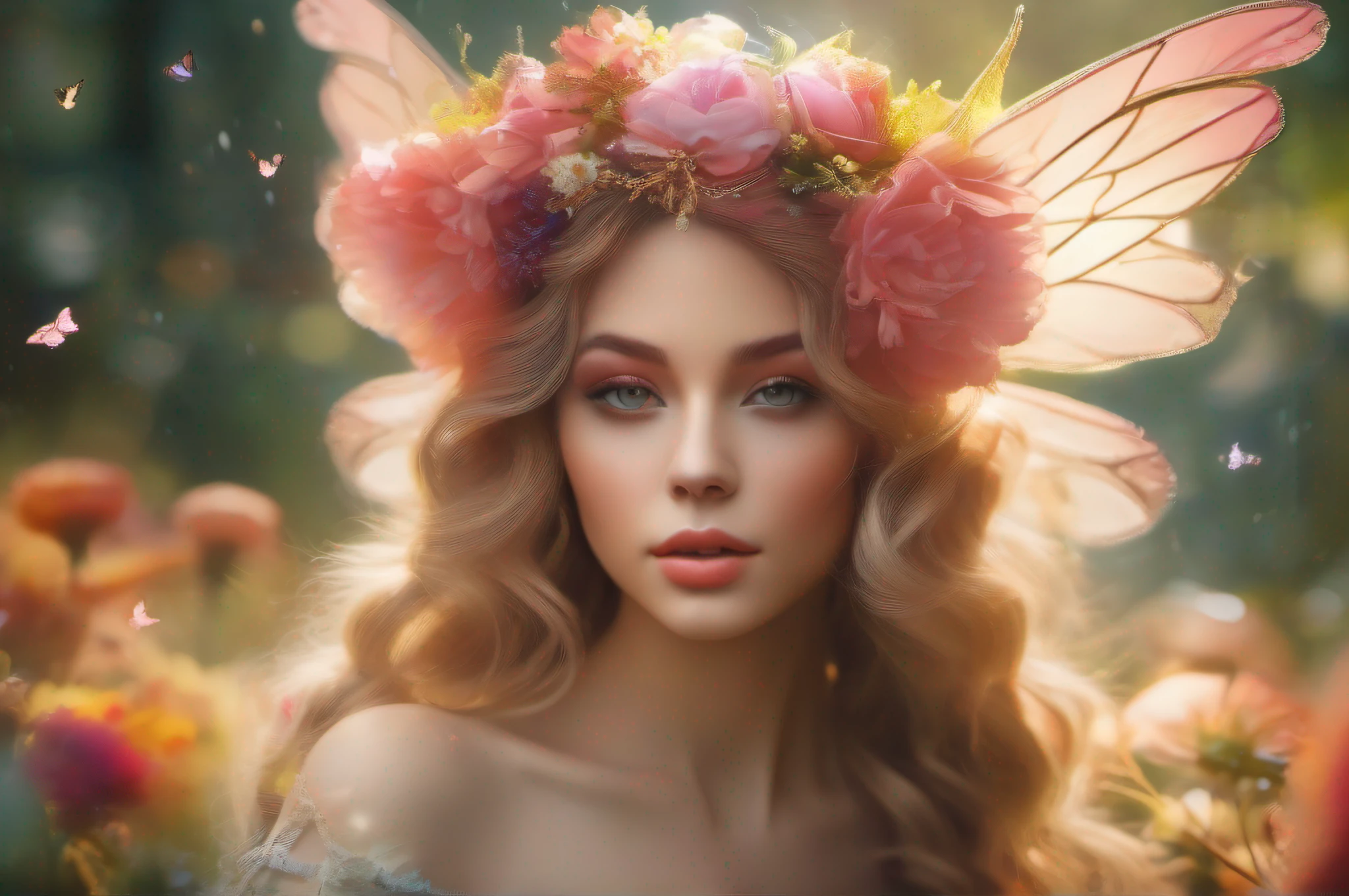 "A stunning and ethereal depiction of a mesmerizing Flower Fairy in a fantasy realm. The fairy has delicate wings and is adorned in vibrant floral attire, radiating an otherworldly glow. The scene is filled with a lush garden of blooming flowers, with beams of soft sunlight filtering through the foliage. The atmosphere is magical and enchanting, with a sense of tranquility and wonder.