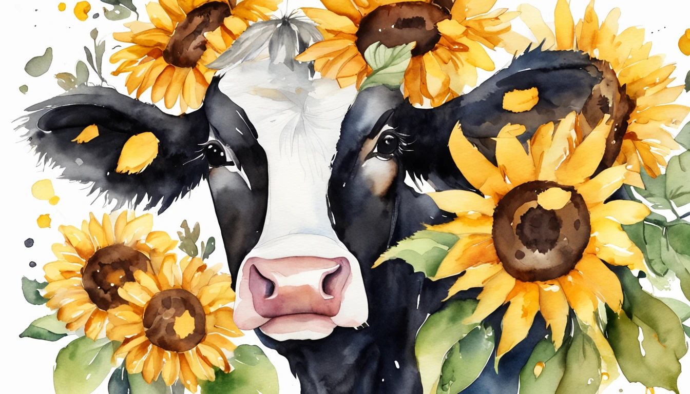 A cute American cow with black and white spots，A sunflower wreath is worn on his head，Positive perspective，cow head