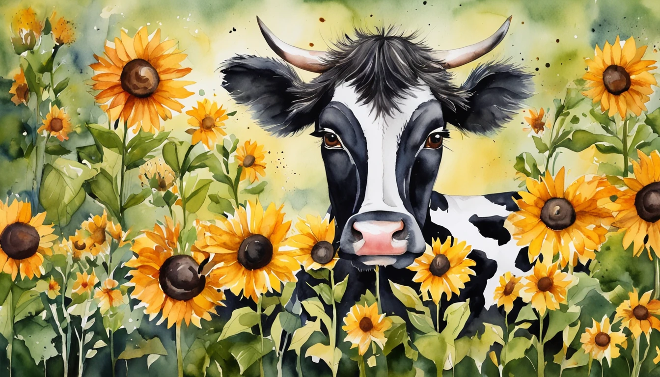 A cute American cow with black and white spots,A sunflower wreath is worn on his head,Positive perspective,cow head