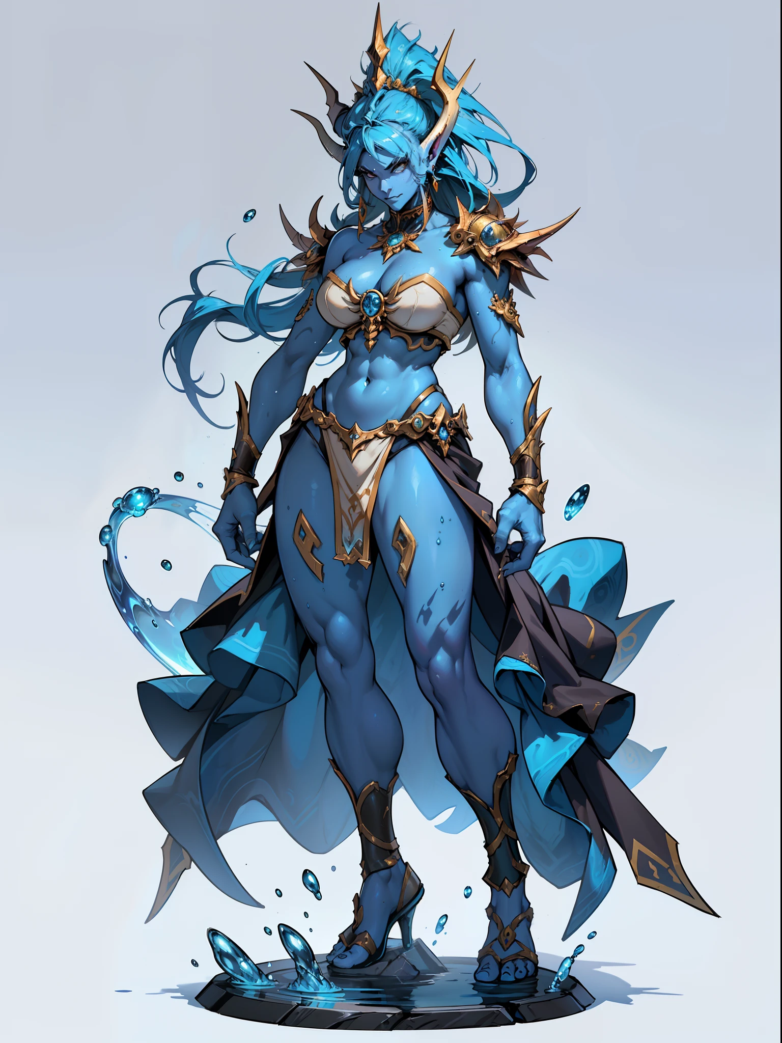 ((top-quality))、((tmasterpiece))、((Full body photo of a woman))、((very simple background))、(Game character design)、amazon warrior,Blue demon monster、monster design,(Water Goddess,Marine element merger)、Cartoony、Beastman、Ivory ornaments、独奏、Fighting posture,Riot game concept art