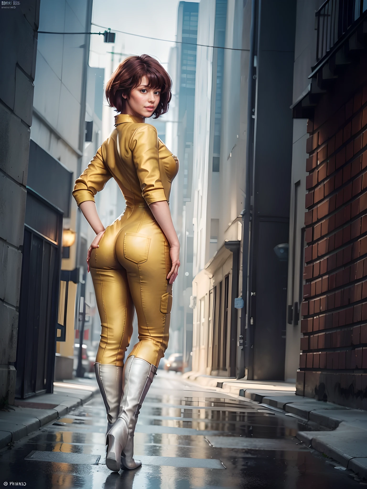 (masterpiece, best quality:1.4), (close up:1.2), 1girl, solo, (european youth:1), aprnil, (a woman in yellow jumpsuit, one-piece jumpsuit), short red hair, white boots, sleeves rolled up, (photorealistic:1.4, masterpiece, sidelighting, full body), standing with back, full length, from very below, detailed background, focus on ass, outside, industrial zone background, narrow street, night, puddles on asphalt, reflection, small moon in sky, starry, after rain, beautifull smile, beautiful face, highly detailed face, highly detailed eyes, highly detailed skin, skin pores, subsurface scattering, realistic pupils, full face blush, full lips, detailed background, depth of field, volumetric lighting, sharp focus, absurdres, realistic proportions, good anatomy, (realistic, hyperrealistic:1.4), 16k hdr,