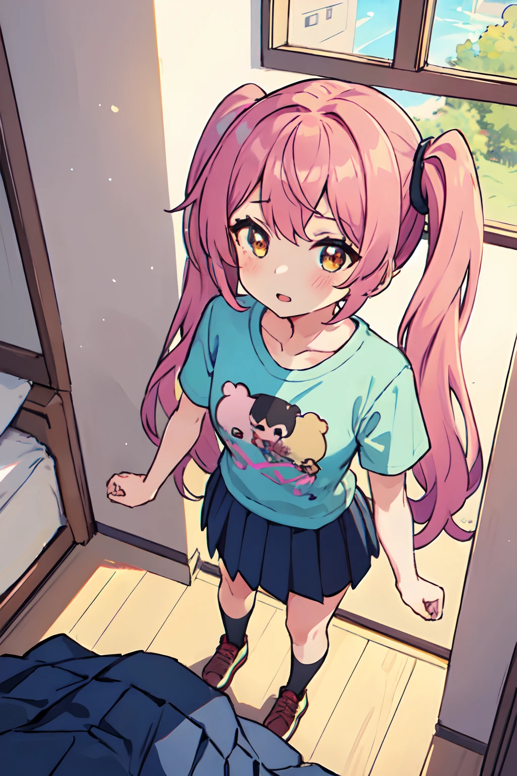 1girl, pov, from above, standing, casual clothes, twintails, t-shirt, skirt, bedroom, wall, window, wide angle