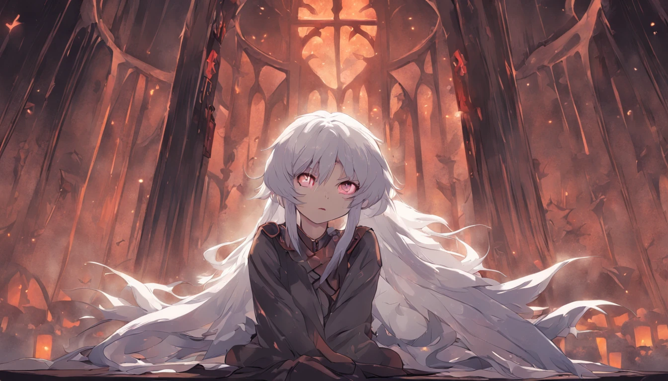 In an old castle，There is a 17-year-old white-haired girl demon，Sit on the coffee table, Looking sadly into the distance from the glass，Hands on your back。