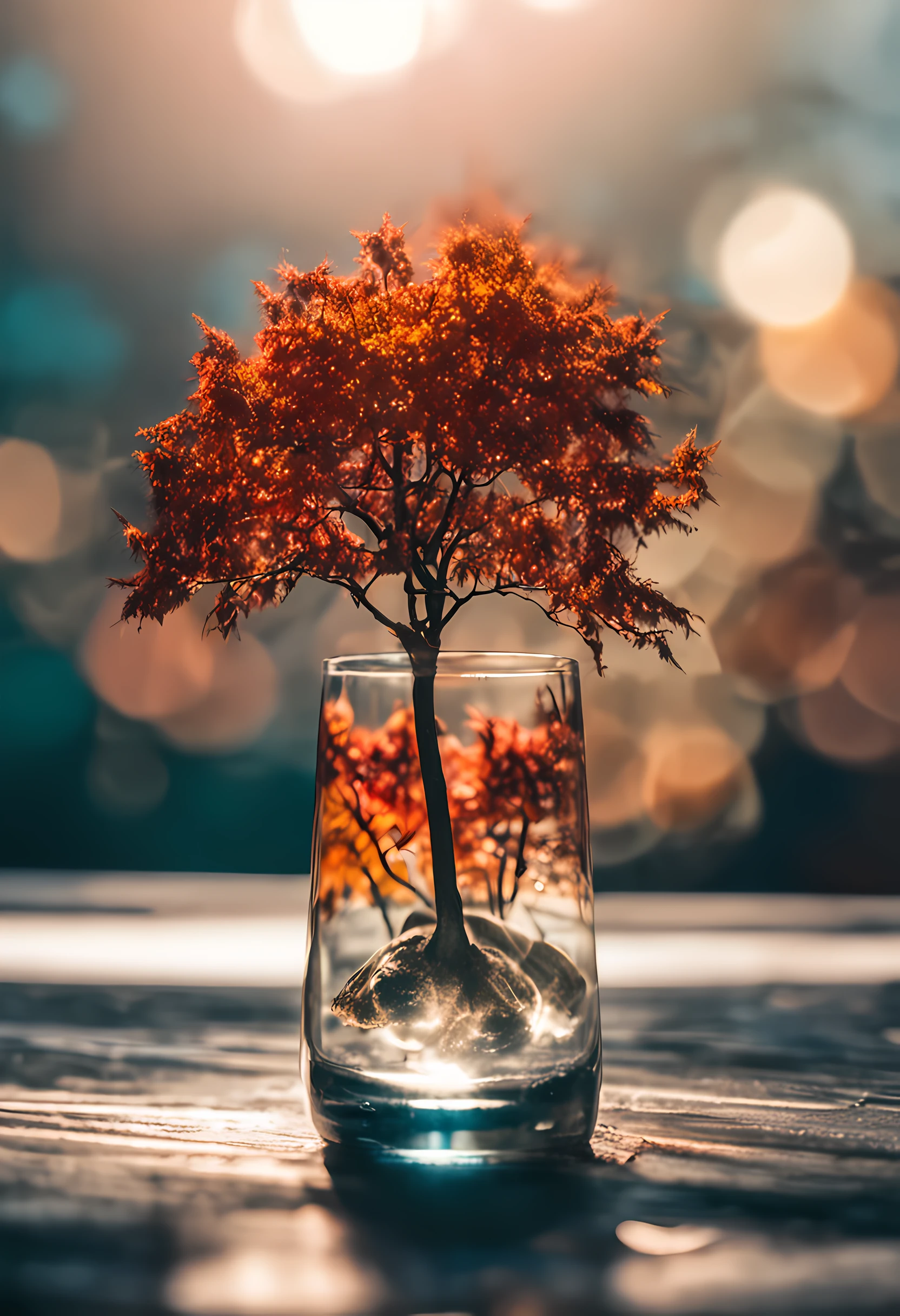 maple tree in a glass, fluffy, realistic, atmospheric light refraction, nikond850 film stock, photograph
