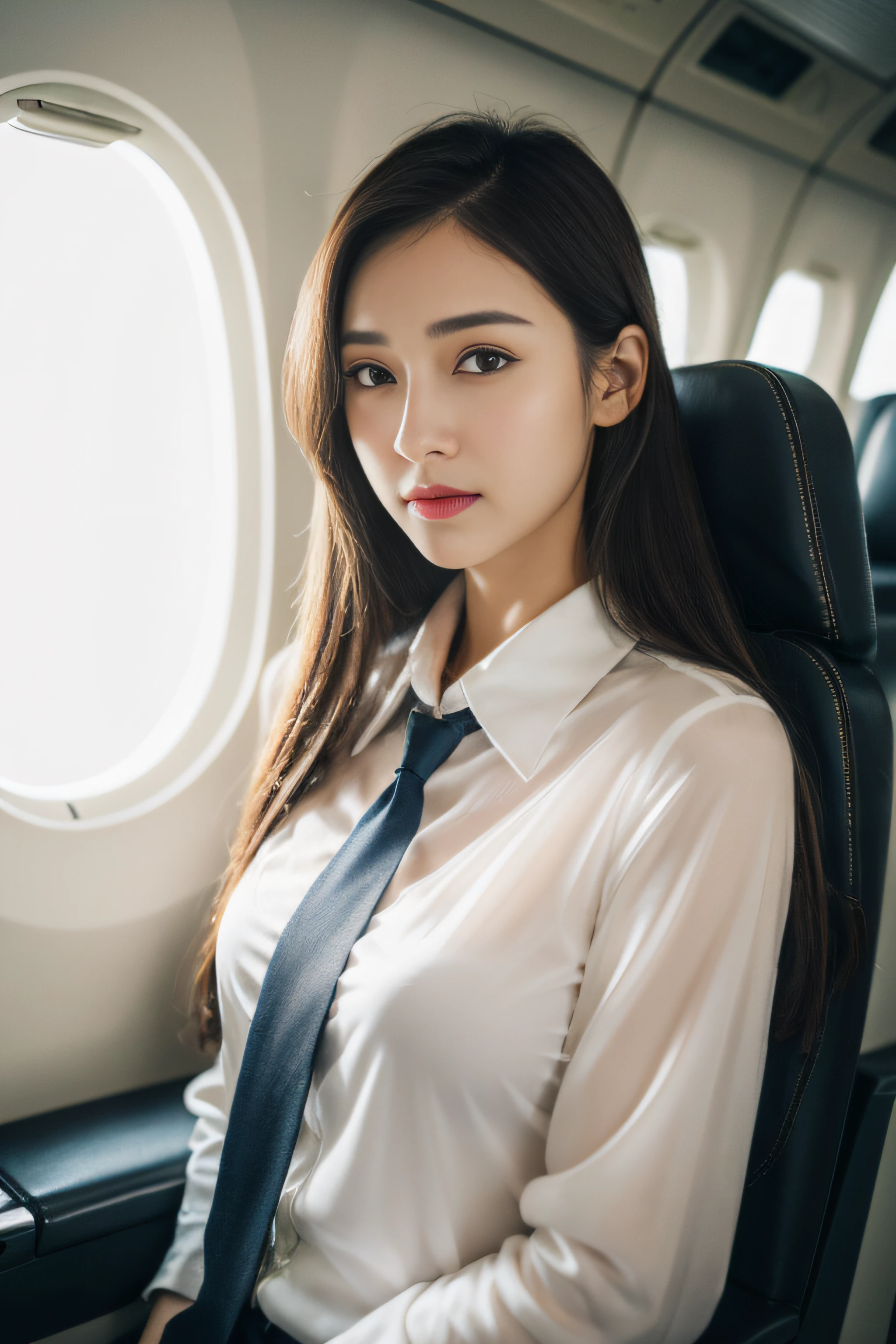 best quality, masterpiece, 8k, ultra high res, (photorealistic:1.4), highly detailed, intricate detail, delicate and beautiful, good lighting, professional lighting, sharp focus, detailed shadows, exquisite details and textures, depth of field, unity 8k wallpaper, cinematic composition, cinematic lighting, official art, Cabin Crew, flight attendant, black pantyhose, (aircraft, (Aircraft Corridor), Aircraft seats) beautiful elegant face, detailed face, detailed eyes, realistic hair, long hair, (1girl), (standing:1.3),