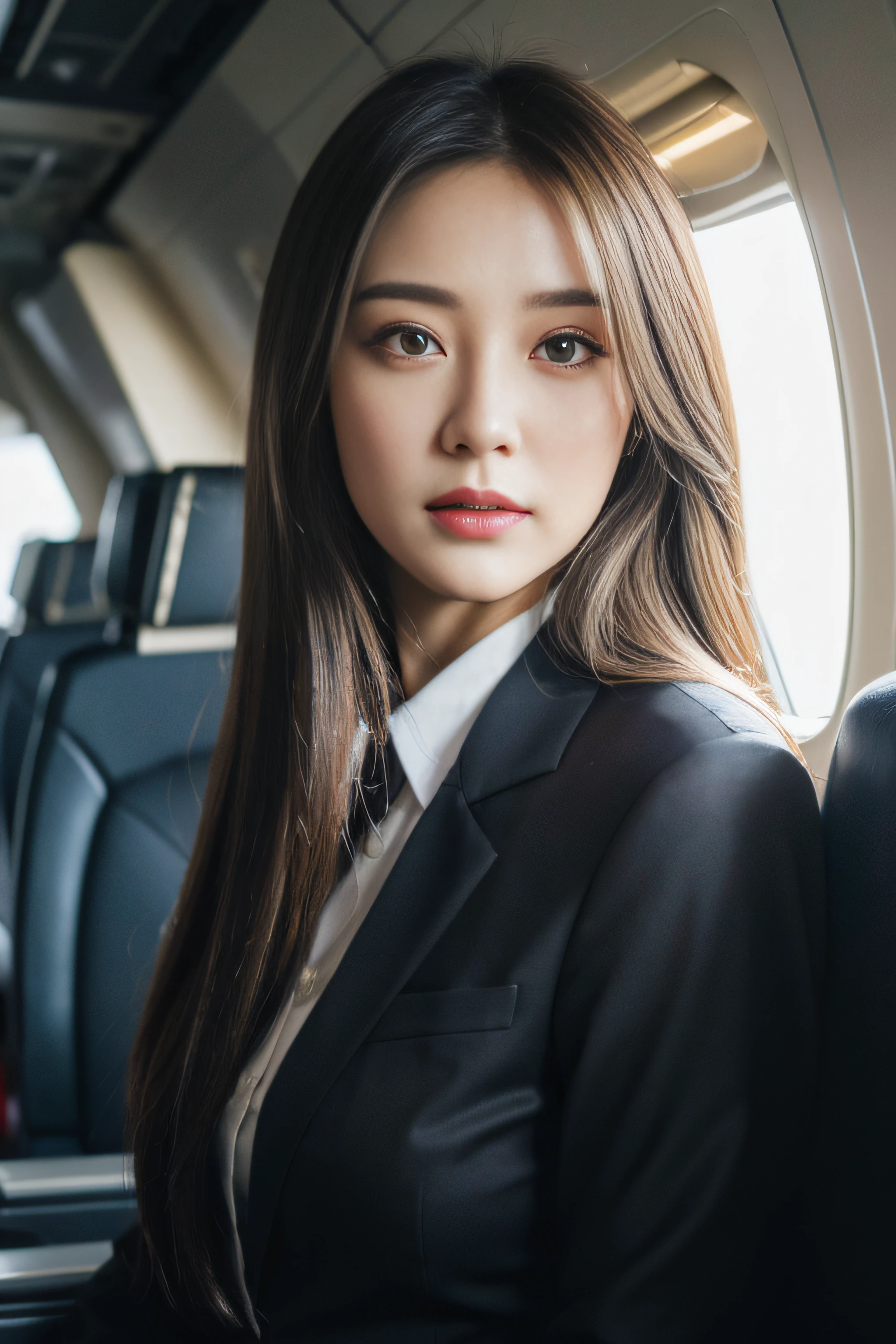 best quality, masterpiece, 8k, ultra high res, (photorealistic:1.4), highly detailed, intricate detail, delicate and beautiful, good lighting, professional lighting, sharp focus, detailed shadows, exquisite details and textures, depth of field, unity 8k wallpaper, cinematic composition, cinematic lighting, official art, Cabin Crew, flight attendant, black pantyhose, (aircraft, (Aircraft Corridor), Aircraft seats) beautiful elegant face, detailed face, detailed eyes, realistic hair, long hair, (1girl), (standing:1.3),