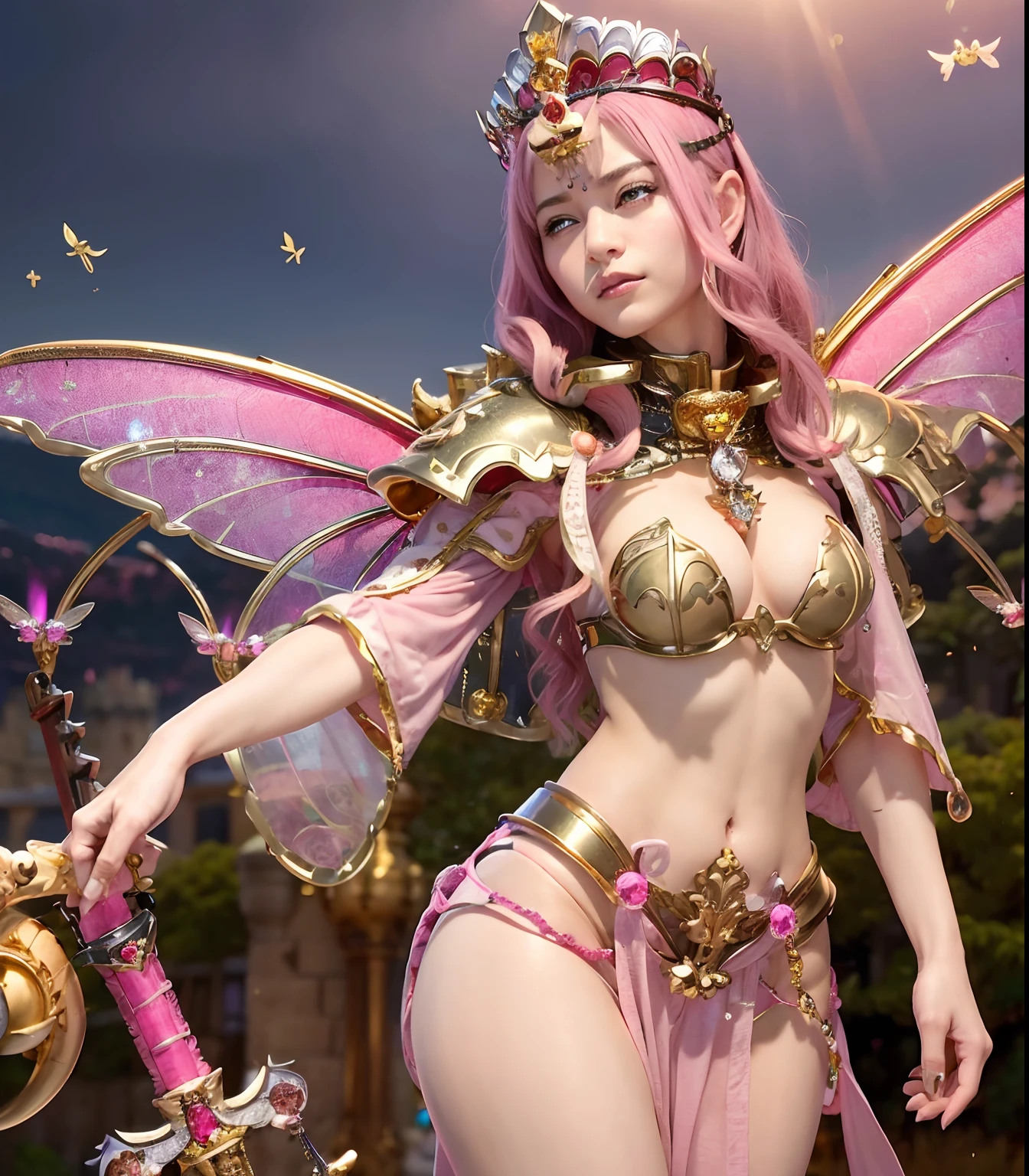 (masutepiece), Professional , masterpiece、top-quality、photos realistic , depth of fields (Gemstone Silver Metal Body:1.9),(Matte Pink、Jewel Gold Weapon、(Gorgeous castle background)、(ultimate beauty girl)、(Fairy wings grow on her)、(Jewel Metal Body:1.9),Gorgeous Jewel Metal Weapons , Detailed Sword of the Brave ,( Iridescent micro bikini) ,warhammer 40k , adepta sororitas,Detail and ornate jewel crown、独奏、Brown hair、(Gangle's forest background)、Beautiful Caucasian beauty、1a person、dynamic ungle,(((Diamond tiara with detail and luxury)))、a small face、Powerful poses、(Gorgeous castle background)、huge filesize、20 year old beautiful woman、Stand in the center of the screen、Thin female fingers、Straight long hair、Beautiful Caucasian beauty、Valley、Hair fluttering in the wind、Particles of light、Iridescent micro bikini、