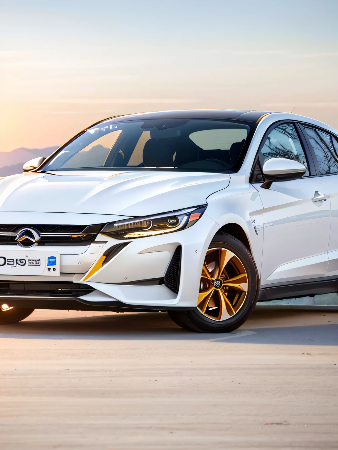 A white car with yellow license plates, vanara, full view of a car, white bg, - s 1 5 0, on clear background, front of car angle, s line, 3/4 Front view, frontage, photo from 2022, Without background, line sleek,strongman, advertisement picture, Full front view