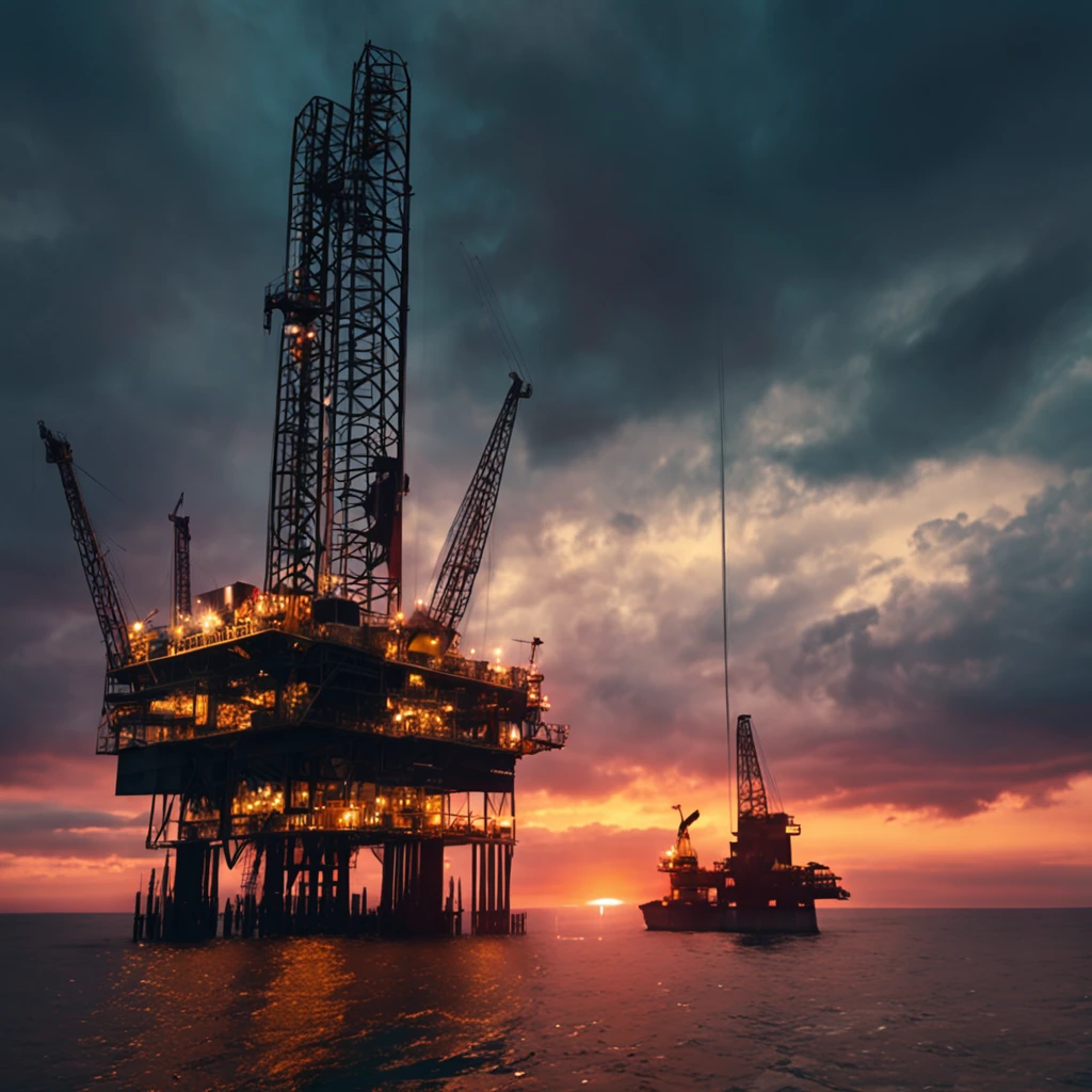 Oil rig on the sea,and the sun was shining brightly,There are Black Hawk helicopters in the sky