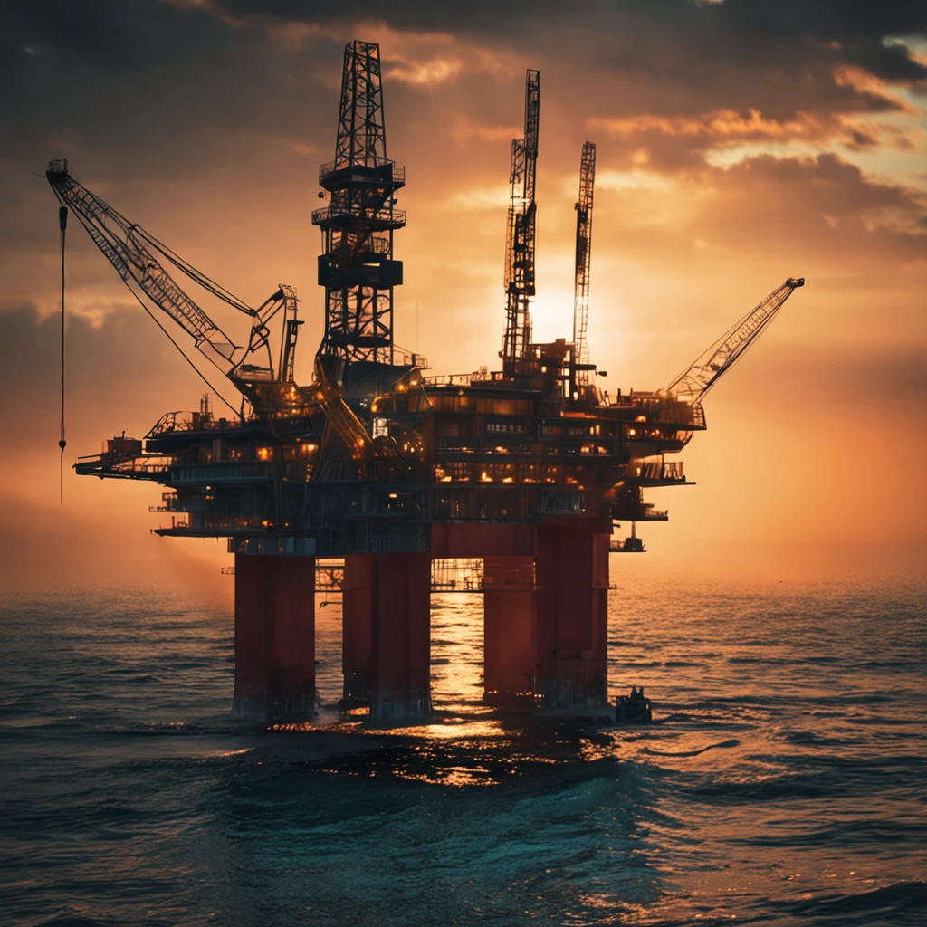 Oil rig on the sea,and the sun was shining brightly,There are Black Hawk helicopters in the sky