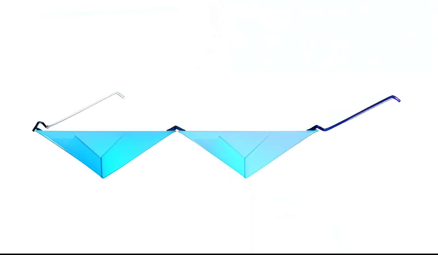 There is a pair of blue triangle glasses,sunglasses,Colored glasses,white backgrounid,angled, Multiple angles, forward angle, Top-down view,in triangular formation, Fashionab,3Drenderingof,C4D