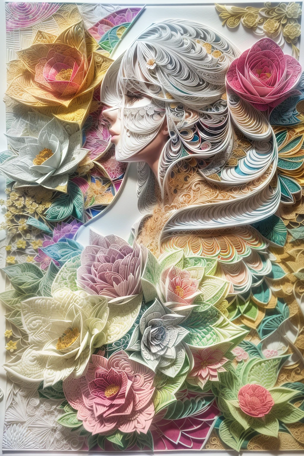 (The silhouette of a beautiful woman,Colorful camellias),White background,(paper art, Quilted paper art:1.2, geomerty:1.1, zentangle,a 3D render), (extremely colorful, Best quality, high detailed, Masterpiece, Cinematic Lighting, 4K)