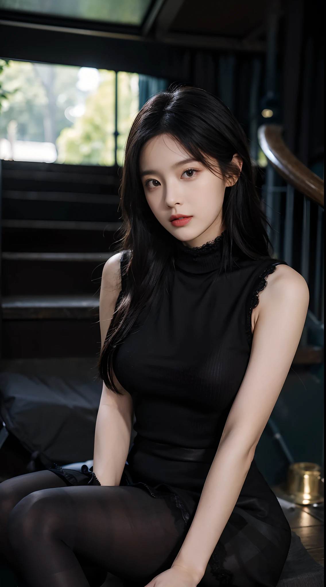 (RAW photo:1.2), (Photorealistic:1.4), (Ray tracing),Korean female model,Beautiful Meticulous Girl, very detailed eyes and faces, Beautiful detailed eyes, absurderes, unbelievable Ridiculous, hugefilesize, ultra - detailed, A high resolution, The is very detailed,best qualtiy,tmasterpiece,((Black sleeveless turtleneck lace dress)),illustratio,The is very detailed,CG,unified,8k 壁纸,Amazing Cleavage,finely detailled,tmasterpiece,best qualtiy,The is very detailed的 CG unified 8k 壁纸,light in face,cinmatic lighting, 1girll, old,Long white hair,(huge tit),((pantyless)),(wears glasses),((Pantyhose)),tightly dress,Silk dress,Lace-up dress,see through dresses,Stand on the stairs in high heels,(Wearing 10D black stockings,Wearing thin black pantyhose:1.5),Full body portrait