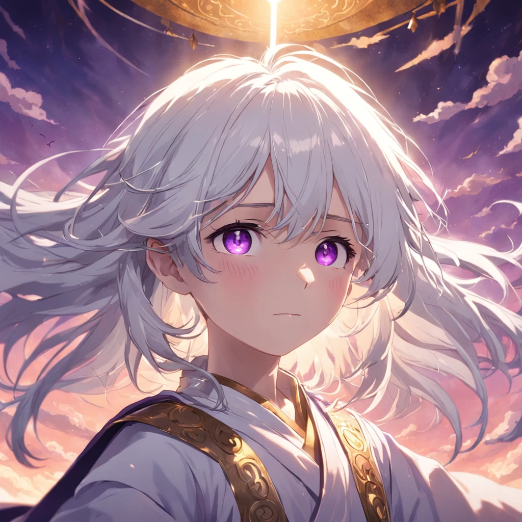 white hair boy，dark circles，Purple eye，Gold-detailed wizard tunic，tmasterpiece，best qualityer，cinematic Film still from，1girll，cloud girl，floating into the sky，Bright up close，cheerfulness，Soft lighting and warmth，Sun sunset，（spark of light：0.7）